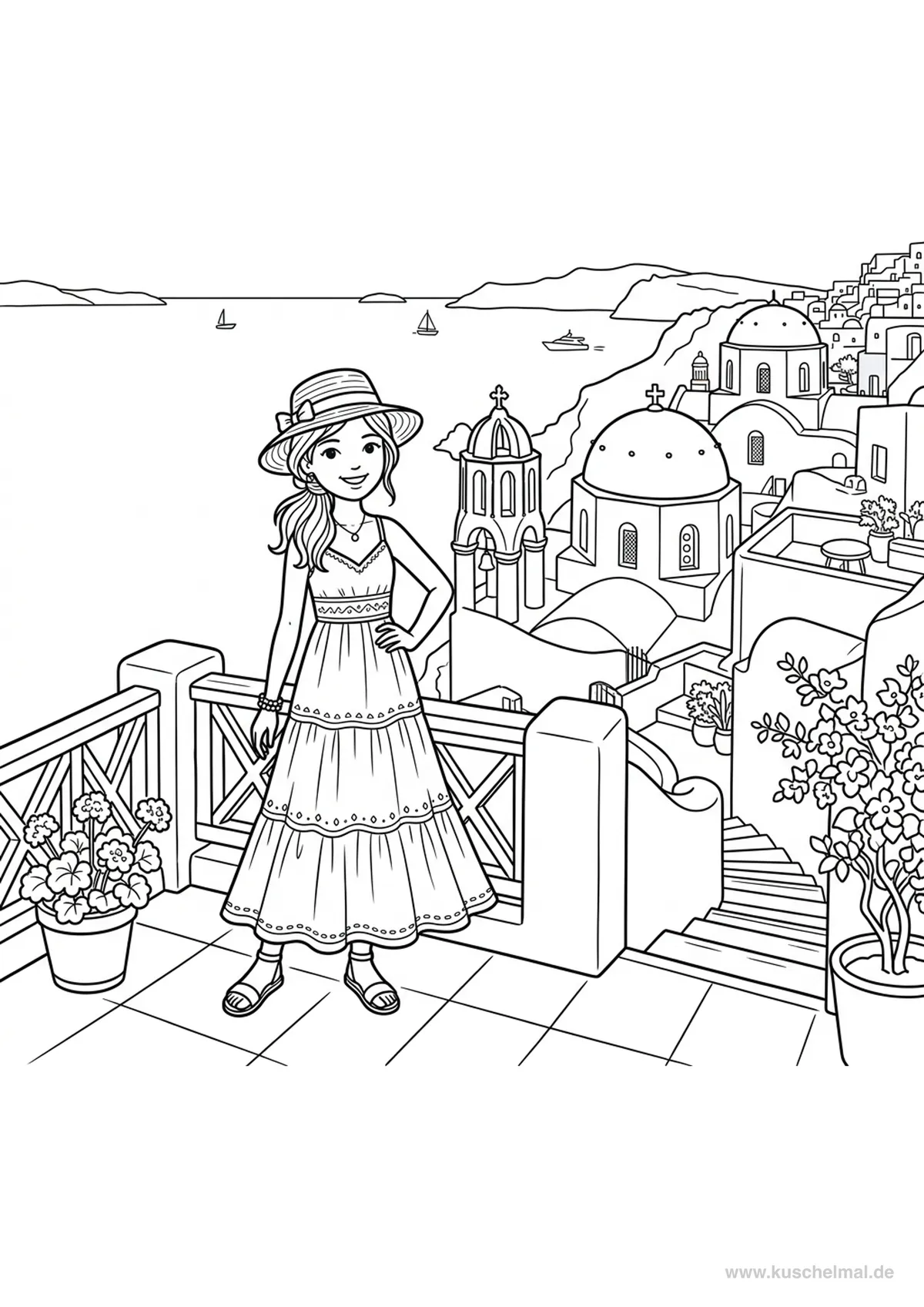 Fashion-Model in Santorini - Kostenloses Fashion & Models Ausmalbilder Ausmalbild für Kinder zum Ausdrucken