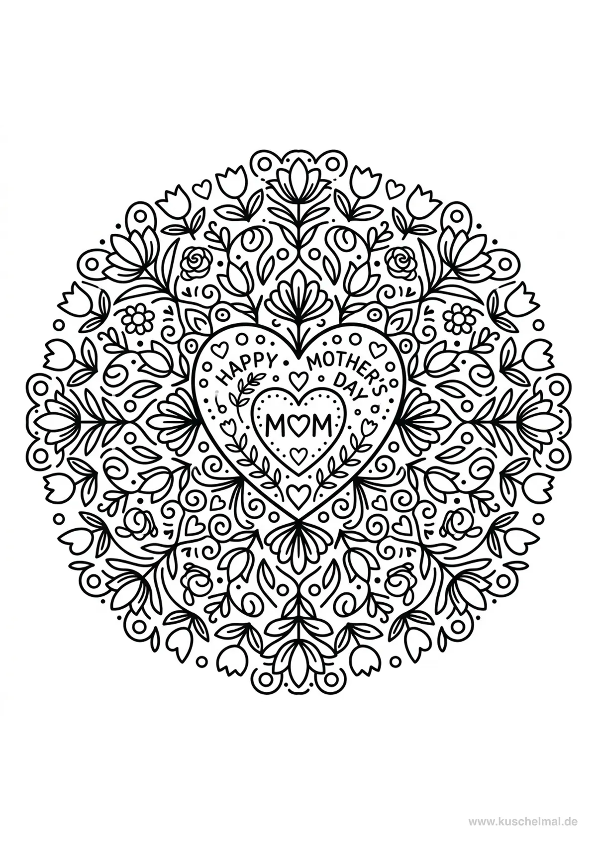 Muttertag Mandala Herz Blumen - Kostenloses Muttertag Ausmalbild für Kinder zum Ausdrucken