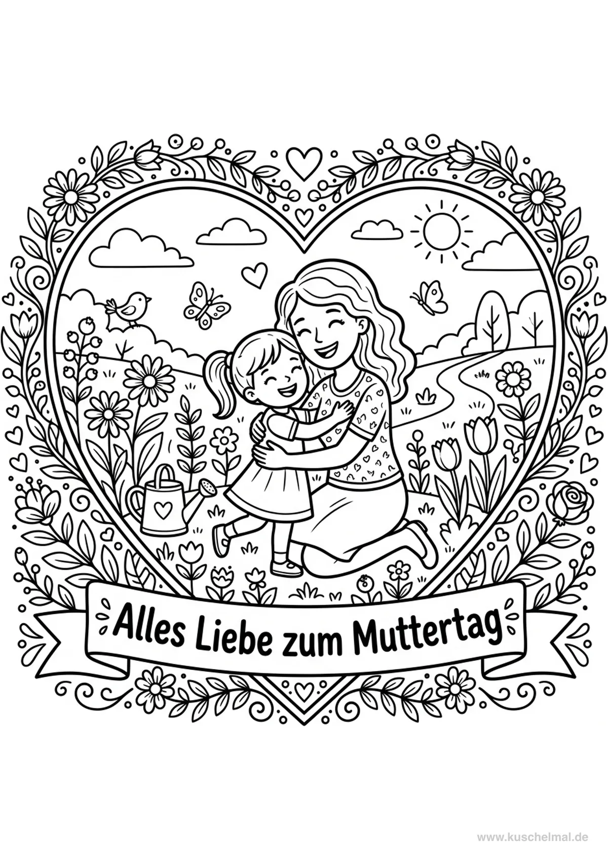 Muttertagskarte Alles Liebe - Kostenloses Muttertag Ausmalbild für Kinder zum Ausdrucken