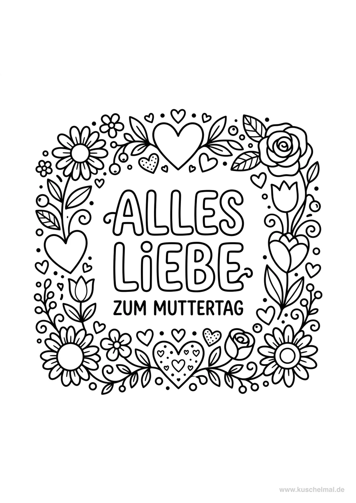 Muttertagskarte mit Herzen und Blumen - Kostenloses Muttertag Ausmalbild für Kinder zum Ausdrucken