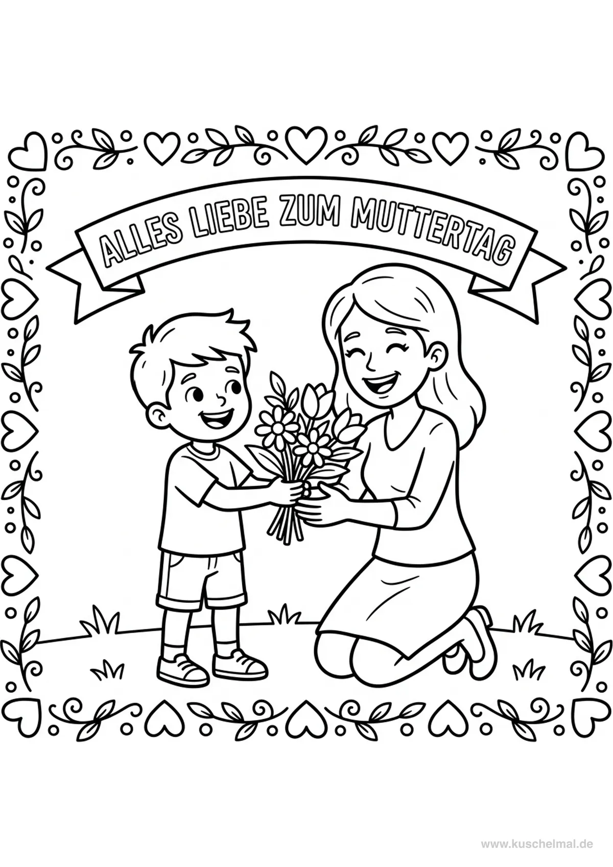 Muttertagskarte mit Sohn und Blumen - Kostenloses Muttertag Ausmalbild für Kinder zum Ausdrucken