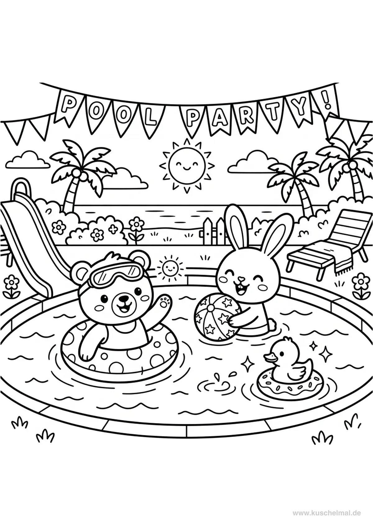 Simpatica Festa in Piscina con Animali - Disegno di Estate da colorare gratis per bambini da stampare