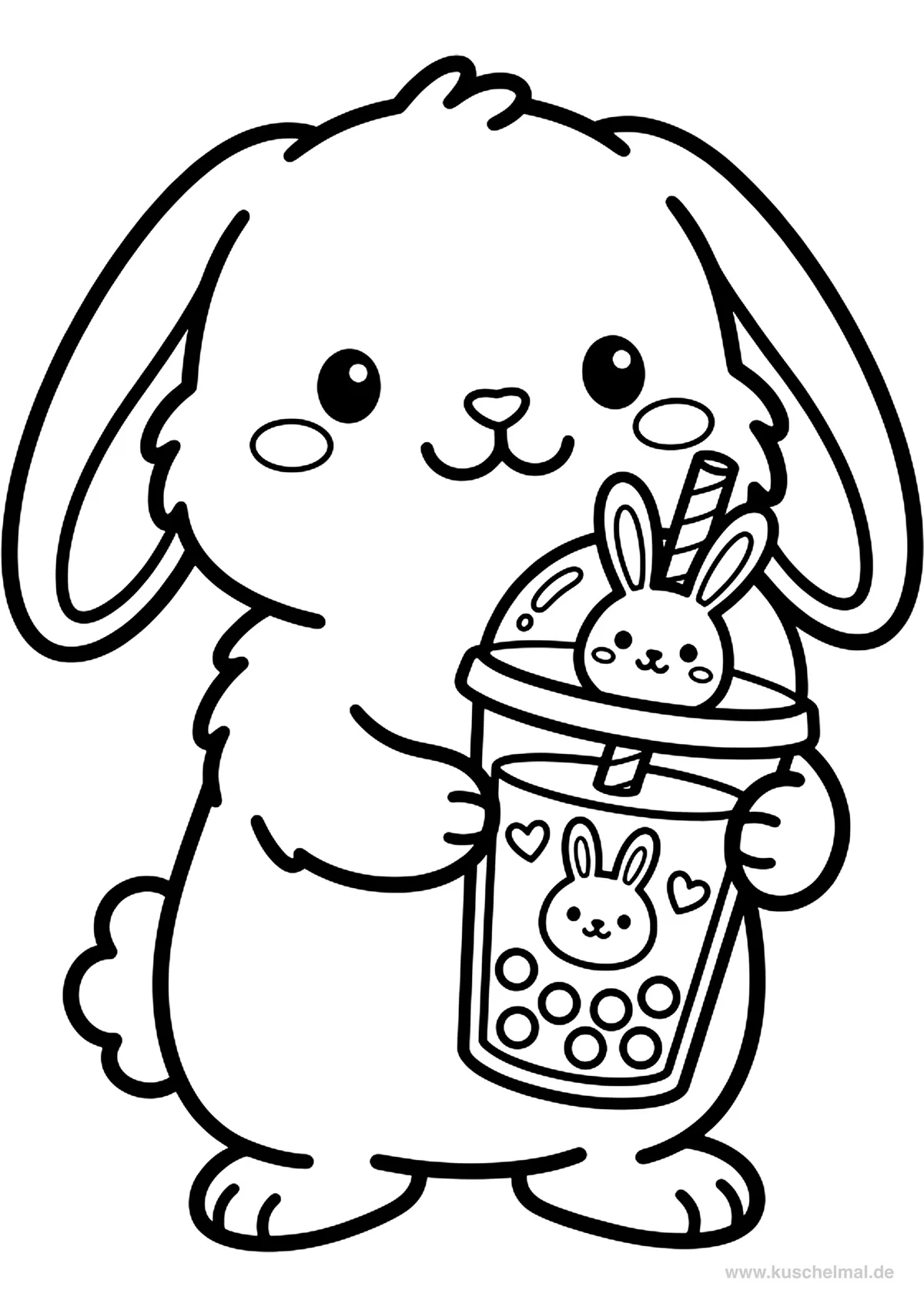 Niedlicher Hase mit Bubble Tea - Kostenloses Bubble Tea Ausmalbild für Kinder zum Ausdrucken