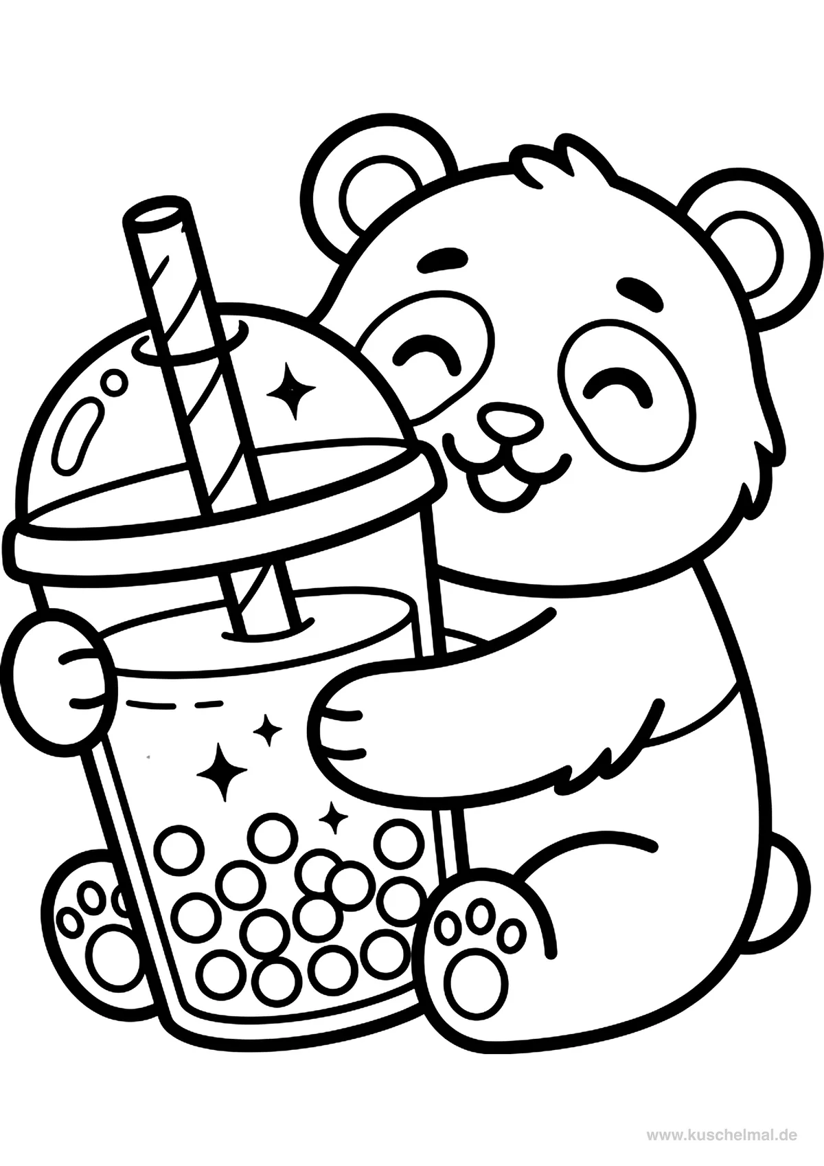Niedlicher Panda Bär mit Bubble Tea - Kostenloses Bubble Tea Ausmalbild für Kinder zum Ausdrucken