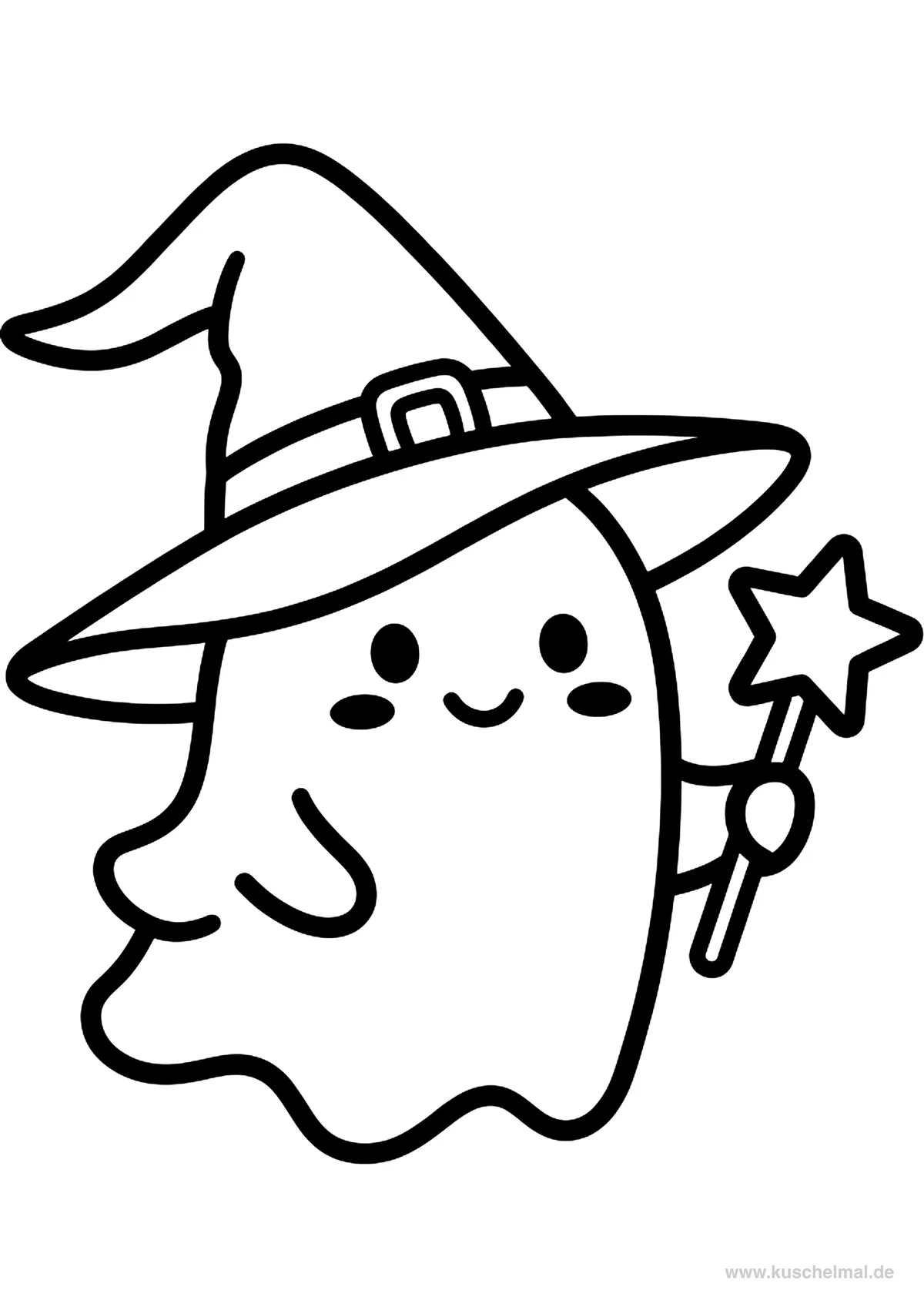 Fantasmino con Cappello da Strega - Disegno di Halloween da colorare gratis per bambini da stampare