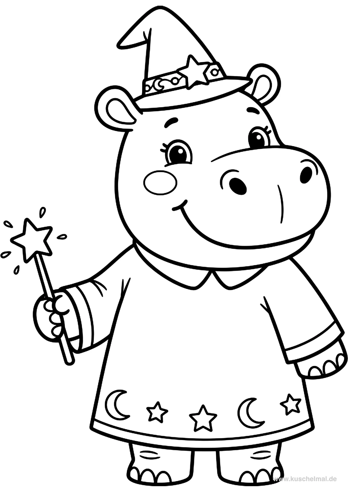 Nilpferd als Hexe verkleidet - Kostenloses Halloween Ausmalbild für Kinder zum Ausdrucken