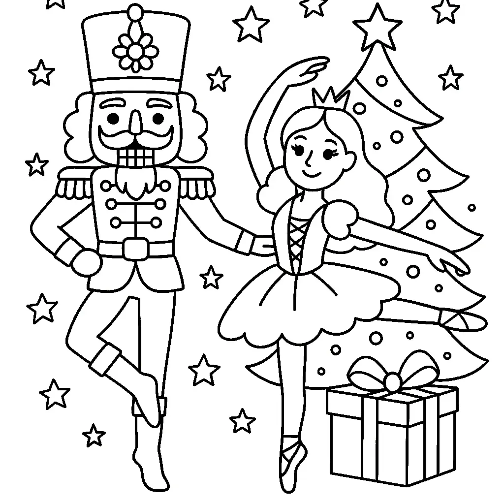 Nussknacker mit Ballerina Ausmalbild - Kostenloses Nussknacker Ausmalbild für Kinder zum Ausdrucken
