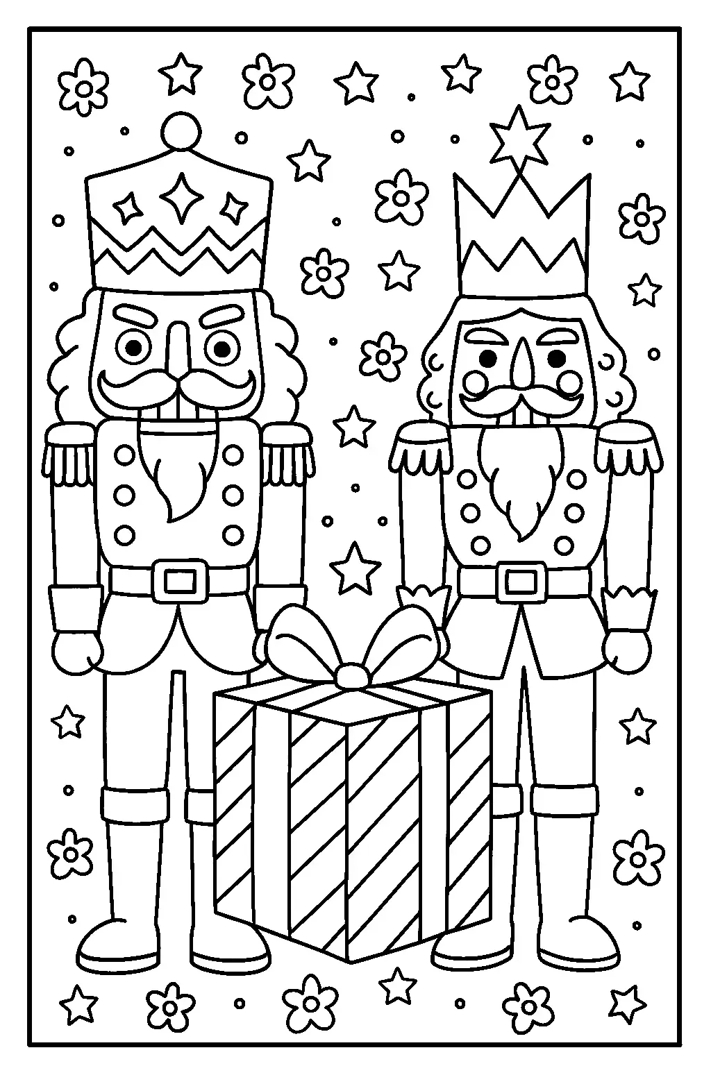 Nussknacker mit Geschenk Ausmalbild - Kostenloses Nussknacker Ausmalbild für Kinder zum Ausdrucken