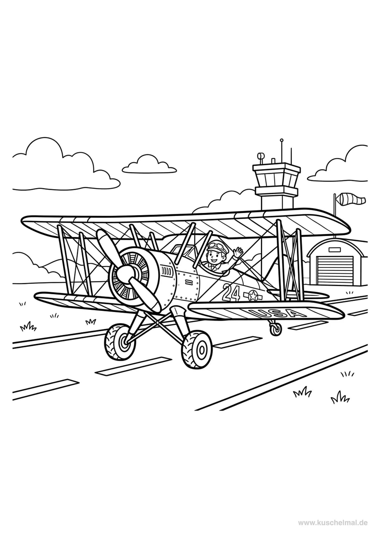 Oldtimer Propellerflugzeug Ausmalbild - Kostenloses Flugzeuge Ausmalbild für Kinder zum Ausdrucken