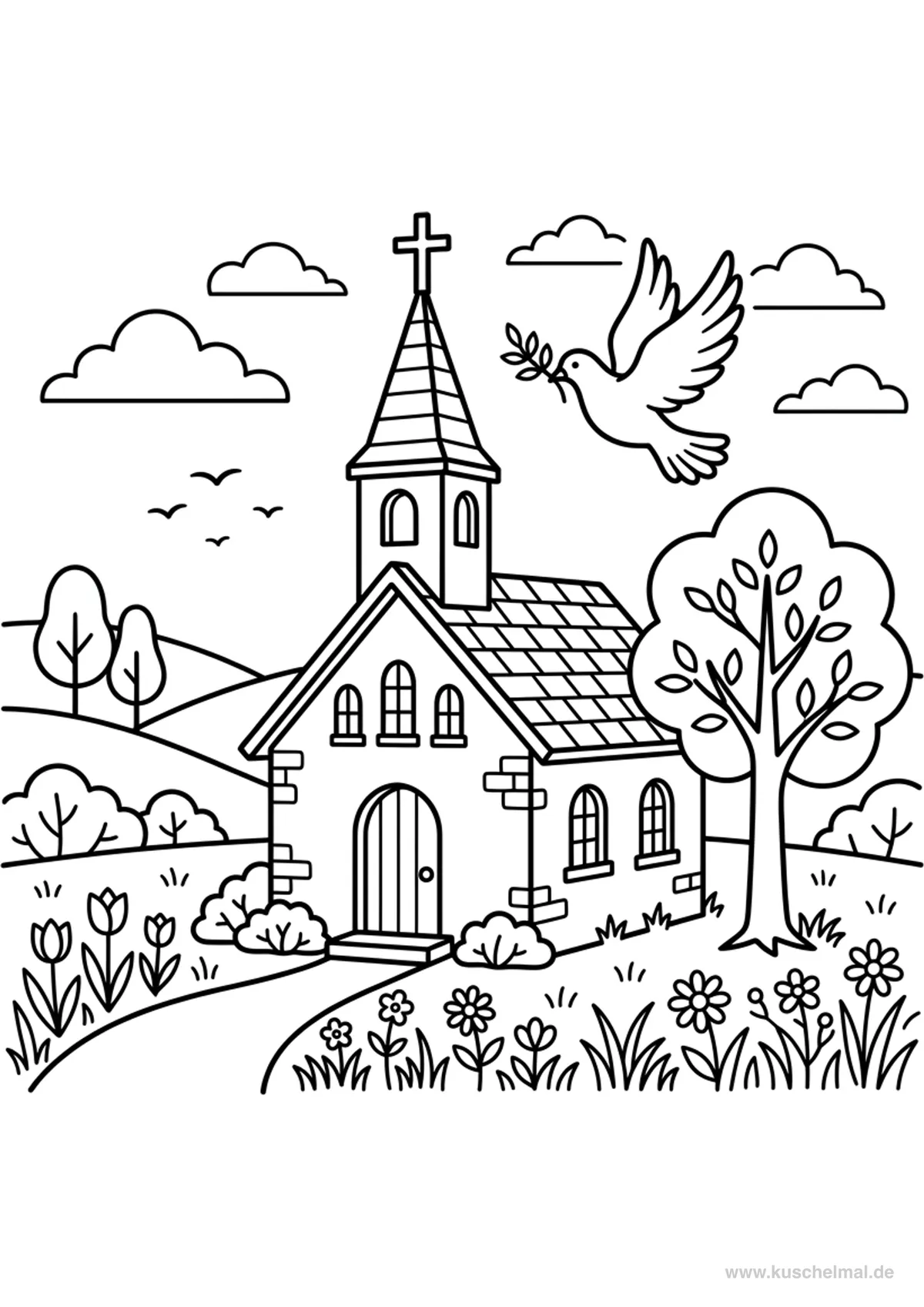 Pfingsten Kirche und Frühling - Kostenloses Pfingsten Ausmalbild für Kinder zum Ausdrucken
