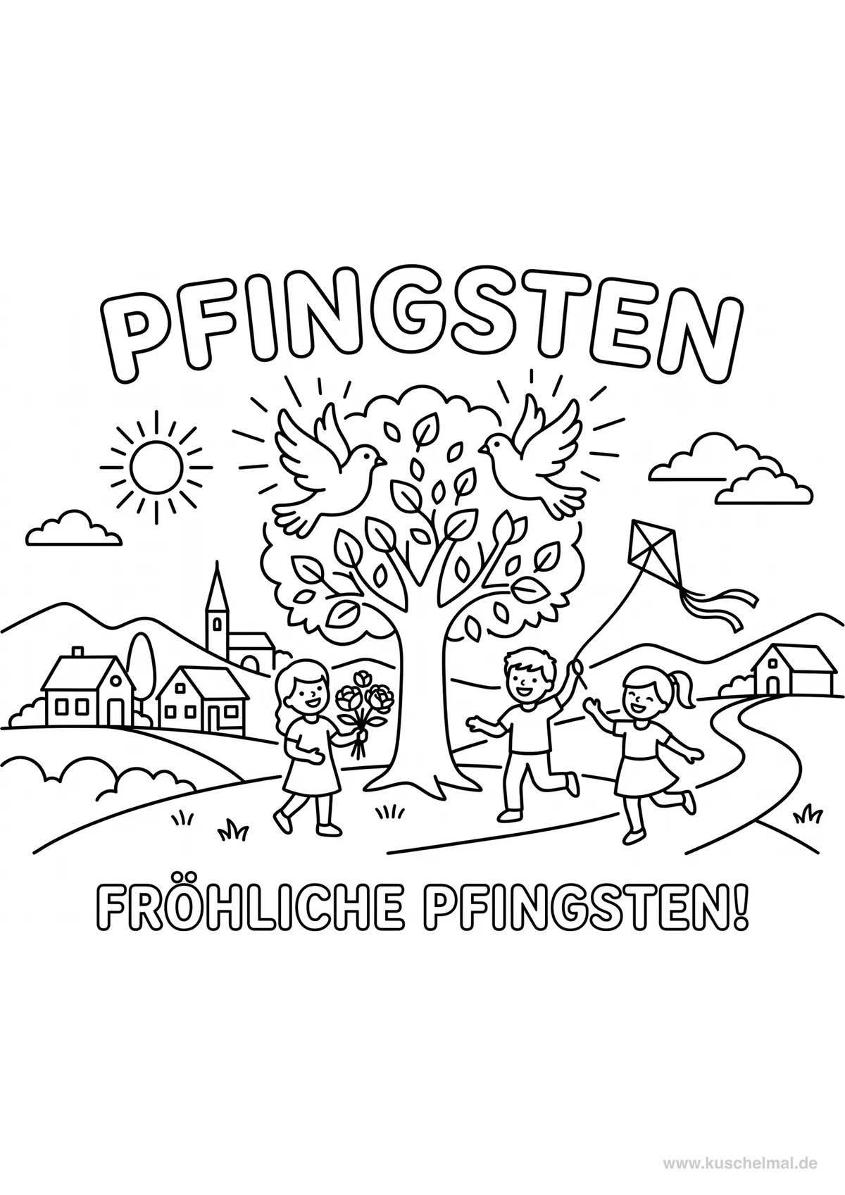 Pfingsten Malvorlage mit Frühlingsmotiven - Kostenloses Pfingsten Ausmalbild für Kinder zum Ausdrucken