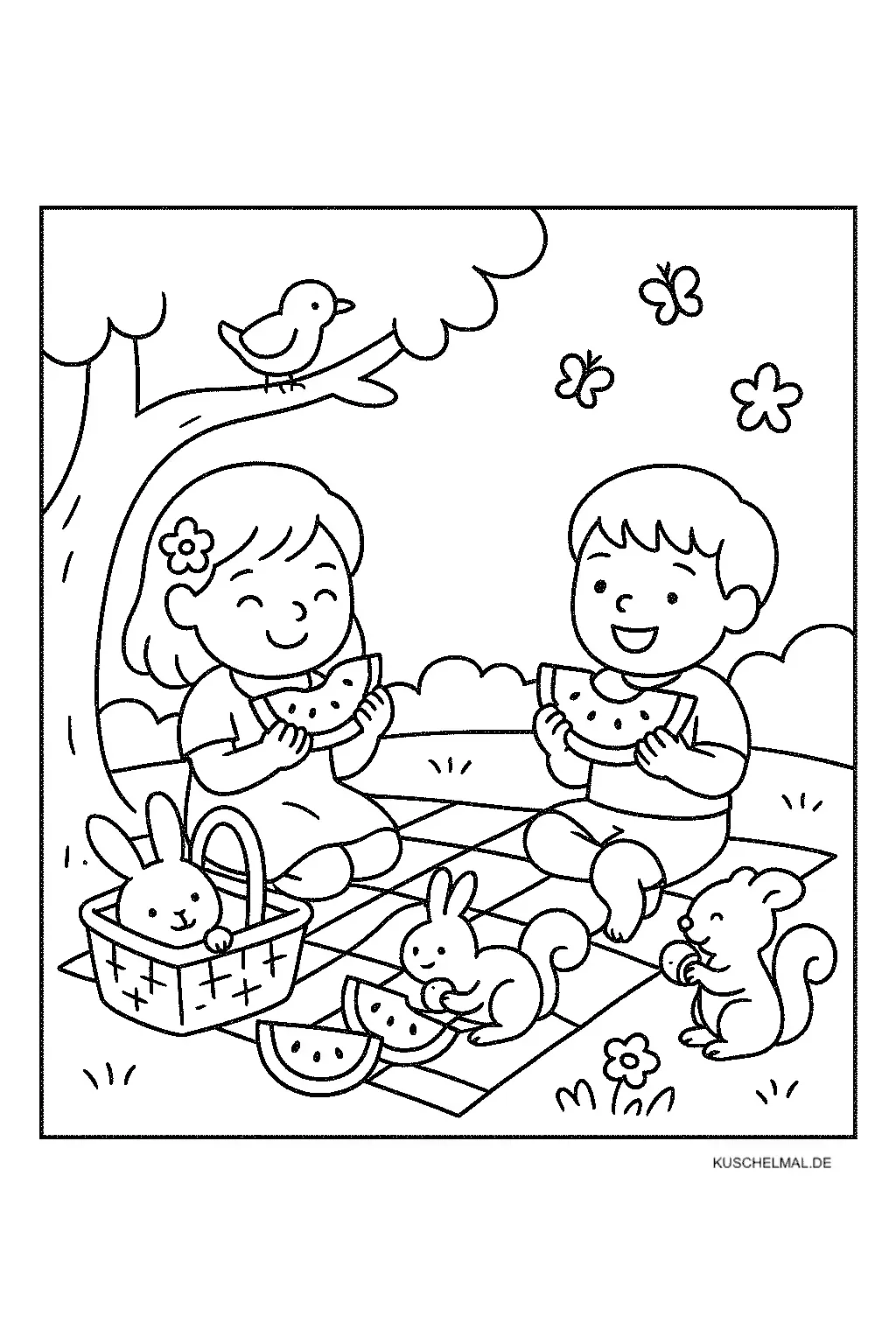 Picknick Ausmalbild - Kostenloses Tiere Ausmalbild für Kinder zum Ausdrucken