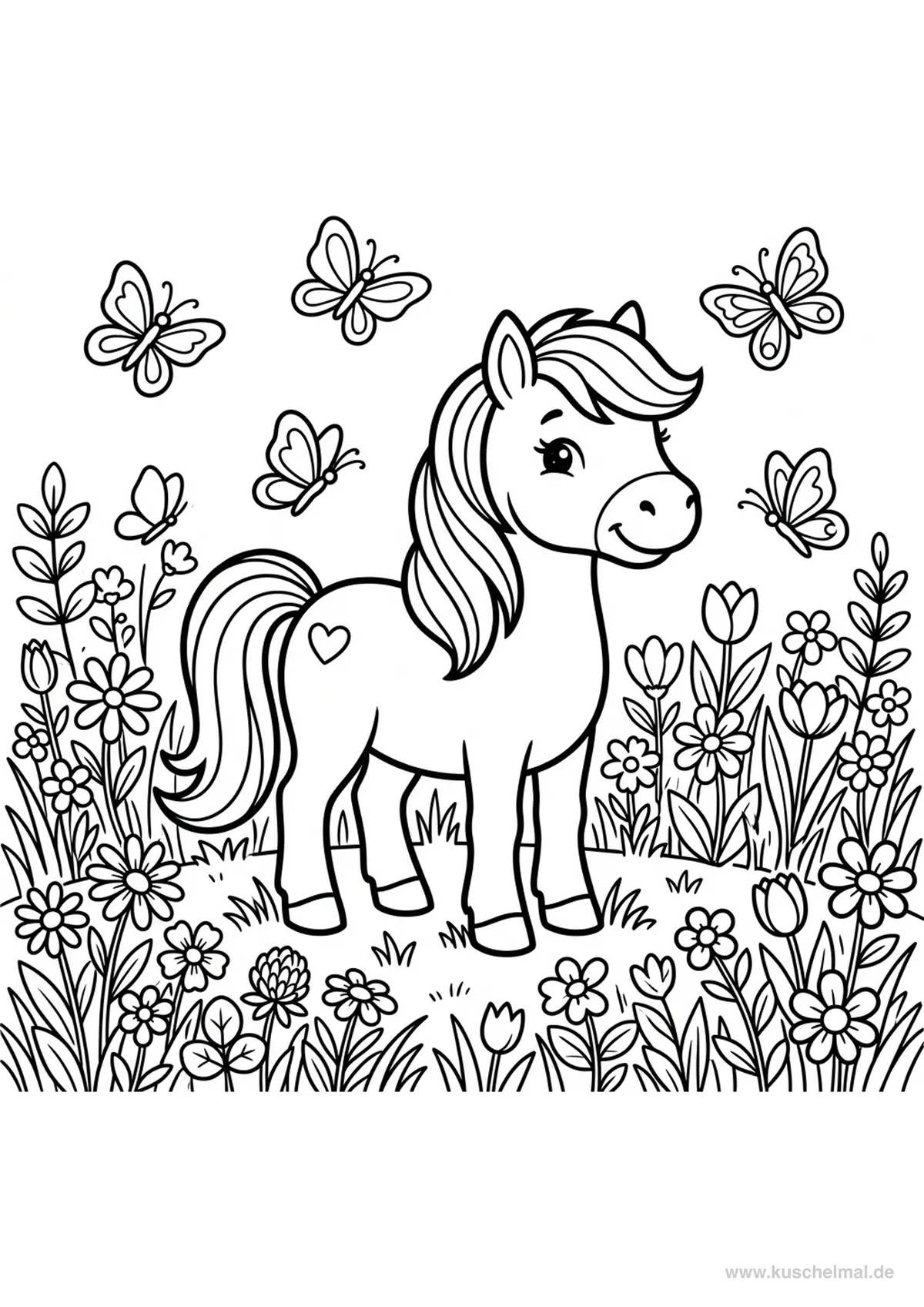 Pony nel Prato Fiorito - Disegno di Pony da colorare gratis per bambini da stampare
