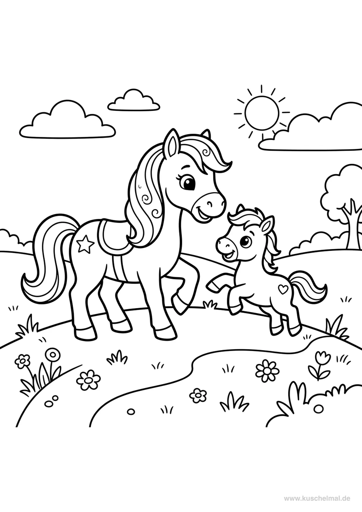 Famiglia di Pony al Pascolo - Disegno di Pony da colorare gratis per bambini da stampare