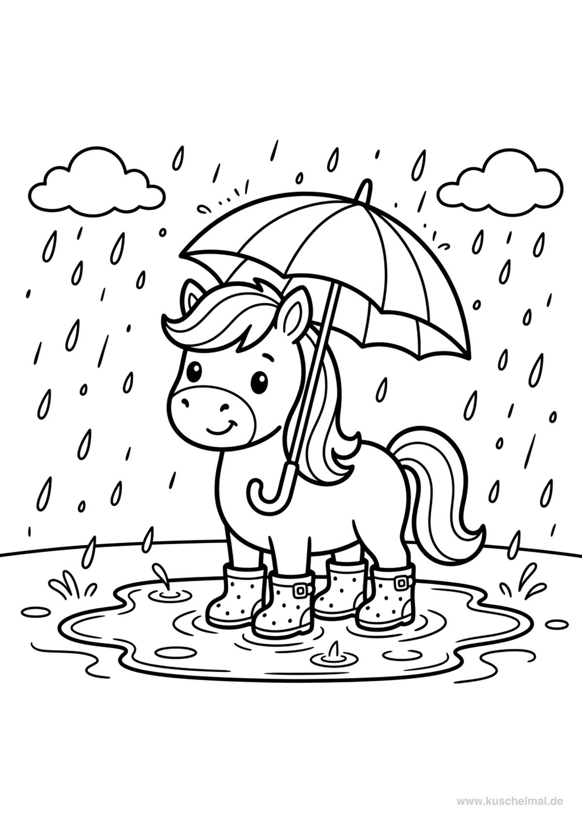 Pony nella Pioggia - Disegno di Pony da colorare gratis per bambini da stampare