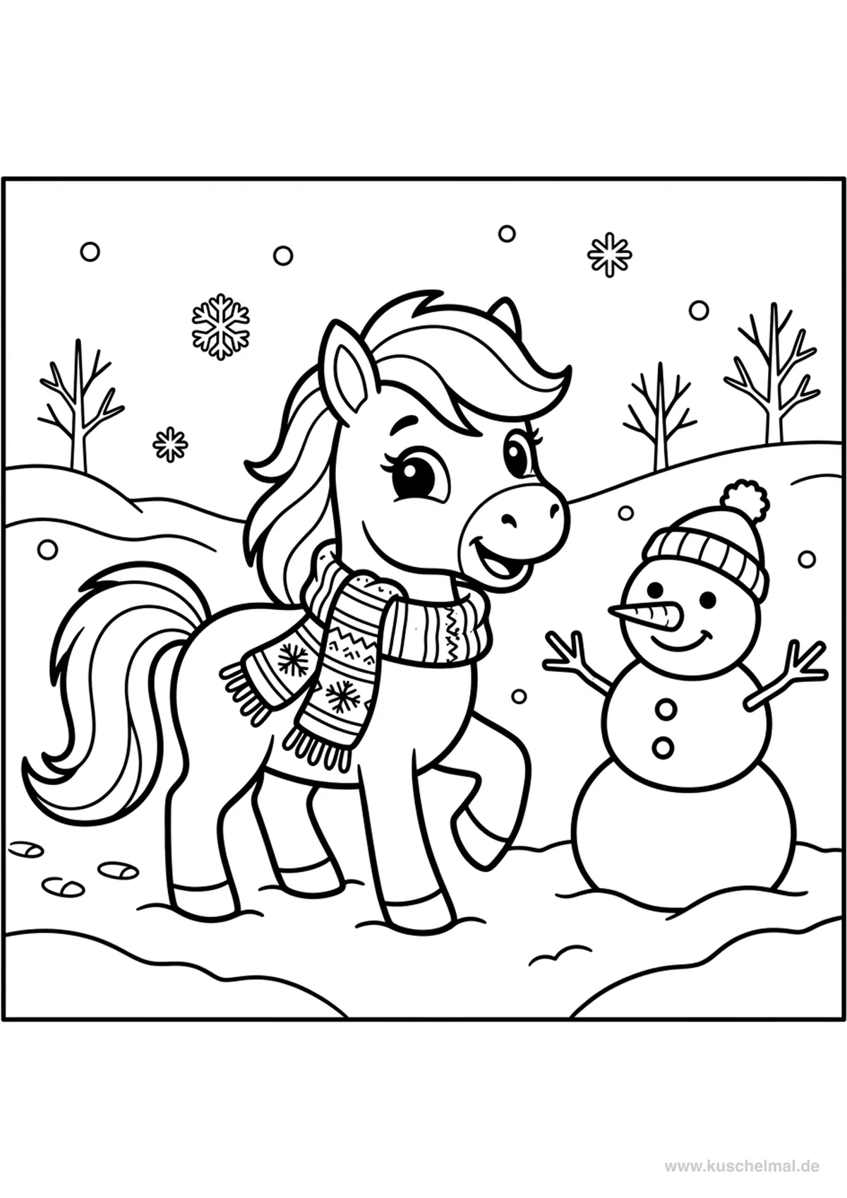 Pony nella Neve - Disegno di Pony da colorare gratis per bambini da stampare