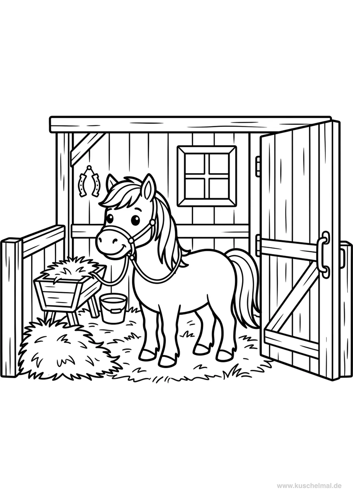 Pony im Stall Ausmalbild - Kostenloses Pony Ausmalbild für Kinder zum Ausdrucken