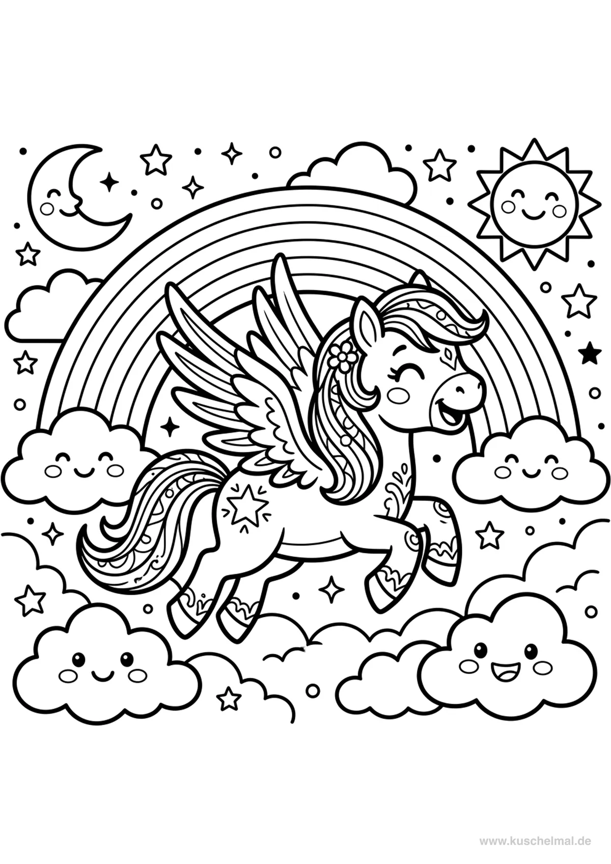 Pony mit Flügeln und Regenbogen Ausmalbild - Kostenloses Pony Ausmalbild für Kinder zum Ausdrucken