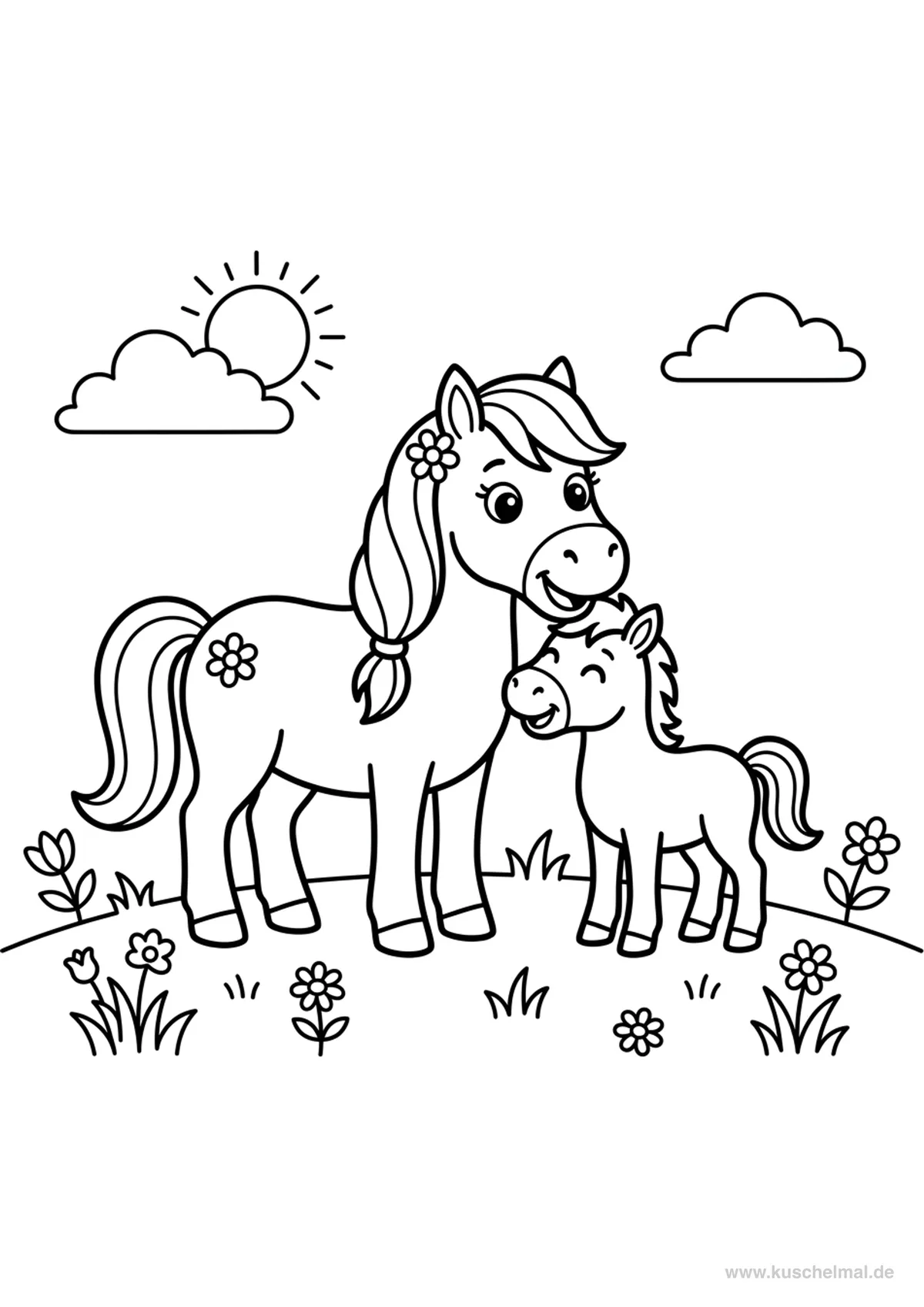 Pony mit Fohlen Ausmalbild - Kostenloses Pony Ausmalbild für Kinder zum Ausdrucken