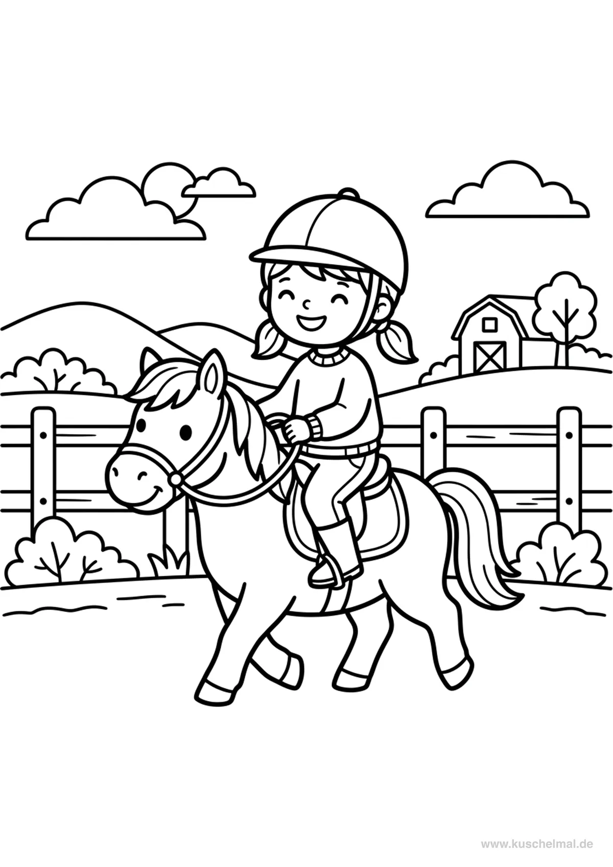 Pony reiten Ausmalbild - Kostenloses Pony Ausmalbild für Kinder zum Ausdrucken