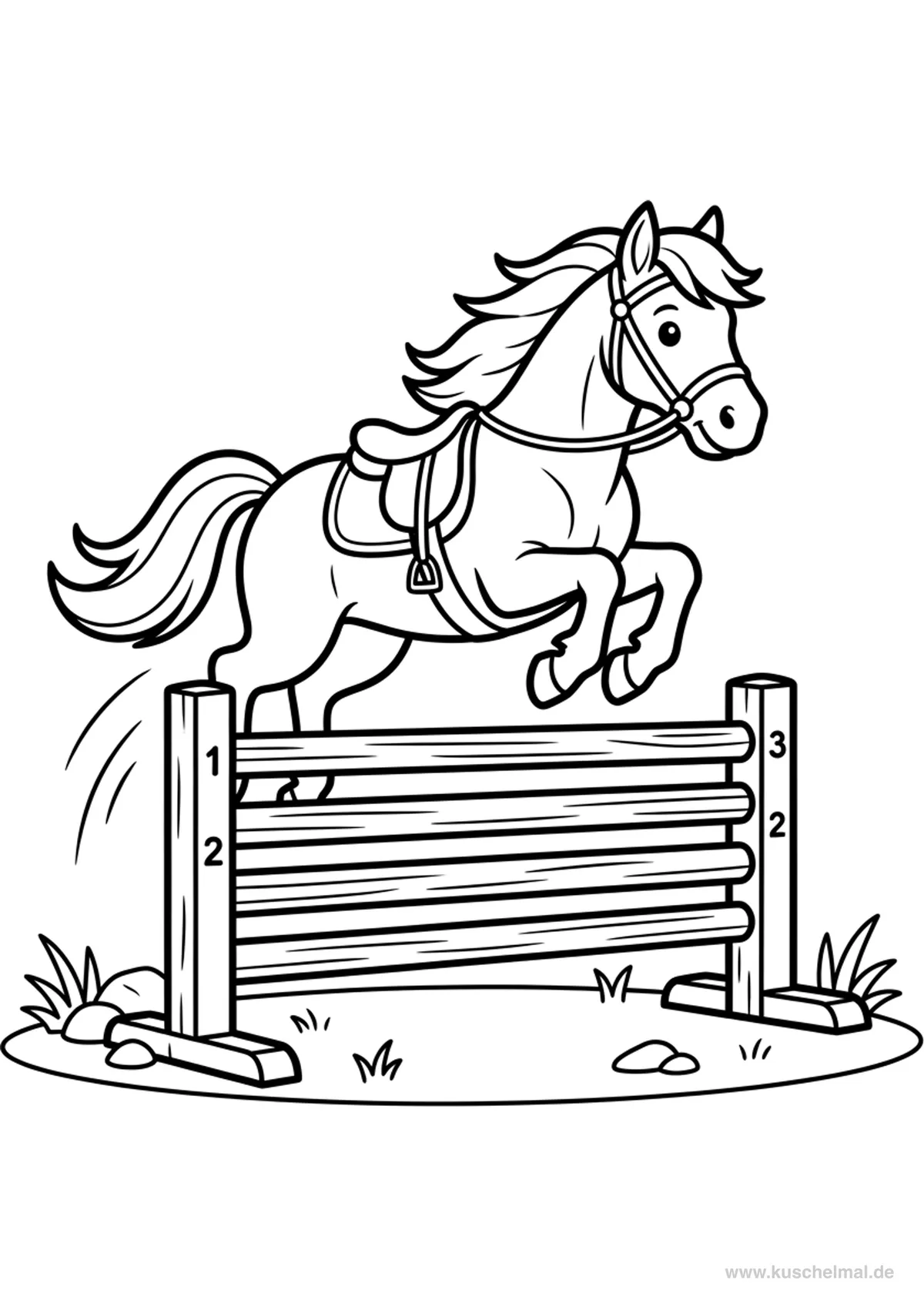 Pony springt über Hindernis Ausmalbild - Kostenloses Pony Ausmalbild für Kinder zum Ausdrucken