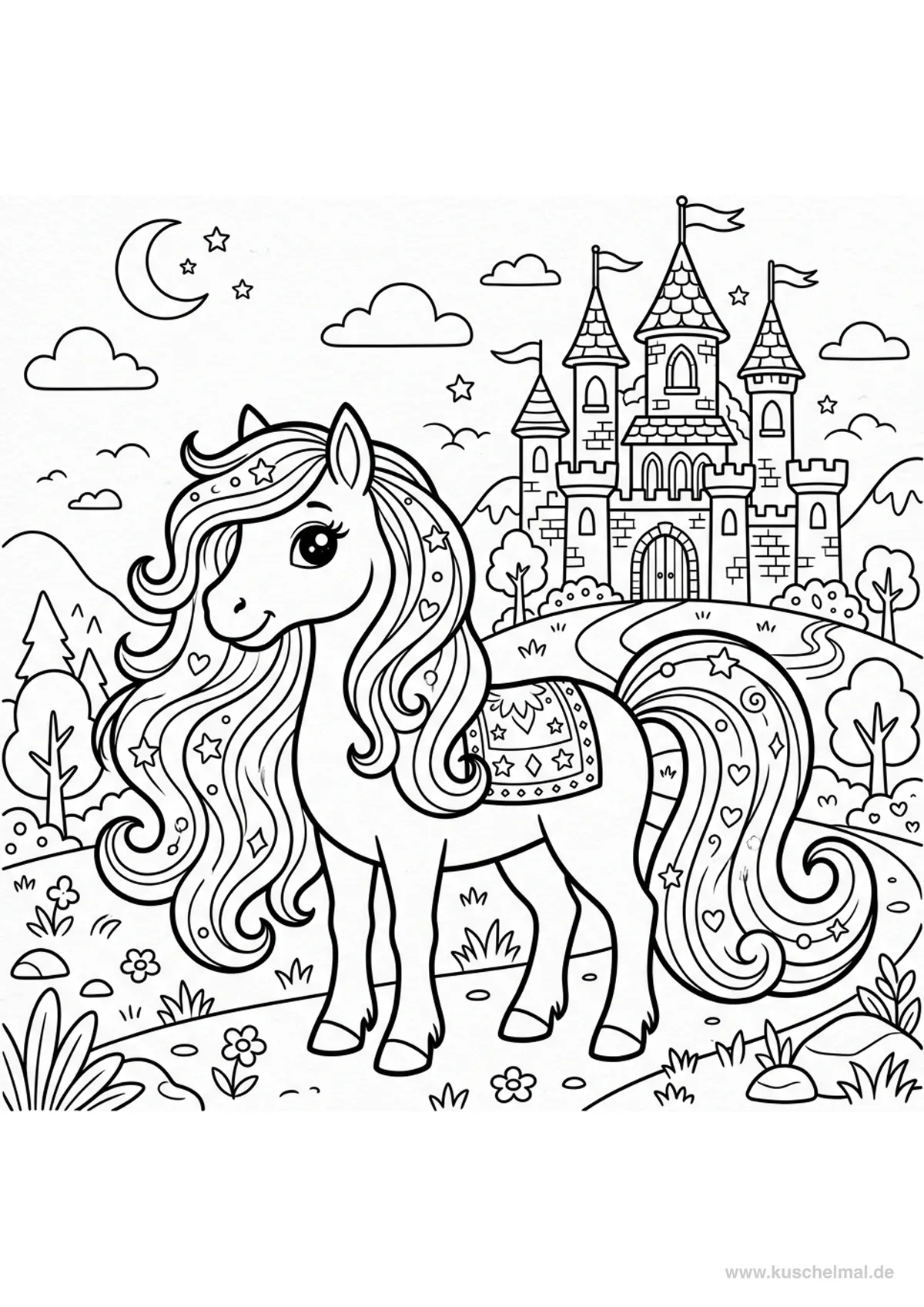 Pony davanti al Castello delle Fiabe - Disegno di Pony da colorare gratis per bambini da stampare