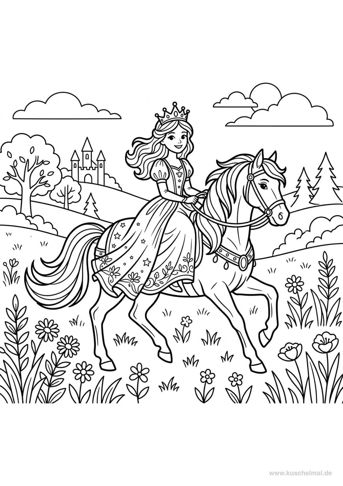 Prinzessin auf Pferd - Kostenloses Prinzessin Ausmalbild für Kinder zum Ausdrucken und Ausmalen