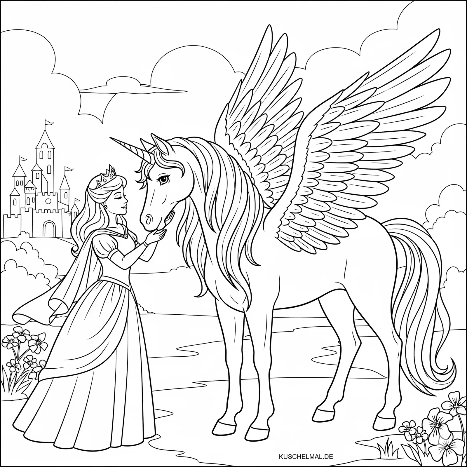 Prinzessin & Einhorn mit Flügeln Malvorlage  - Kostenloses Einhorn Ausmalbild für Kinder zum Ausdrucken