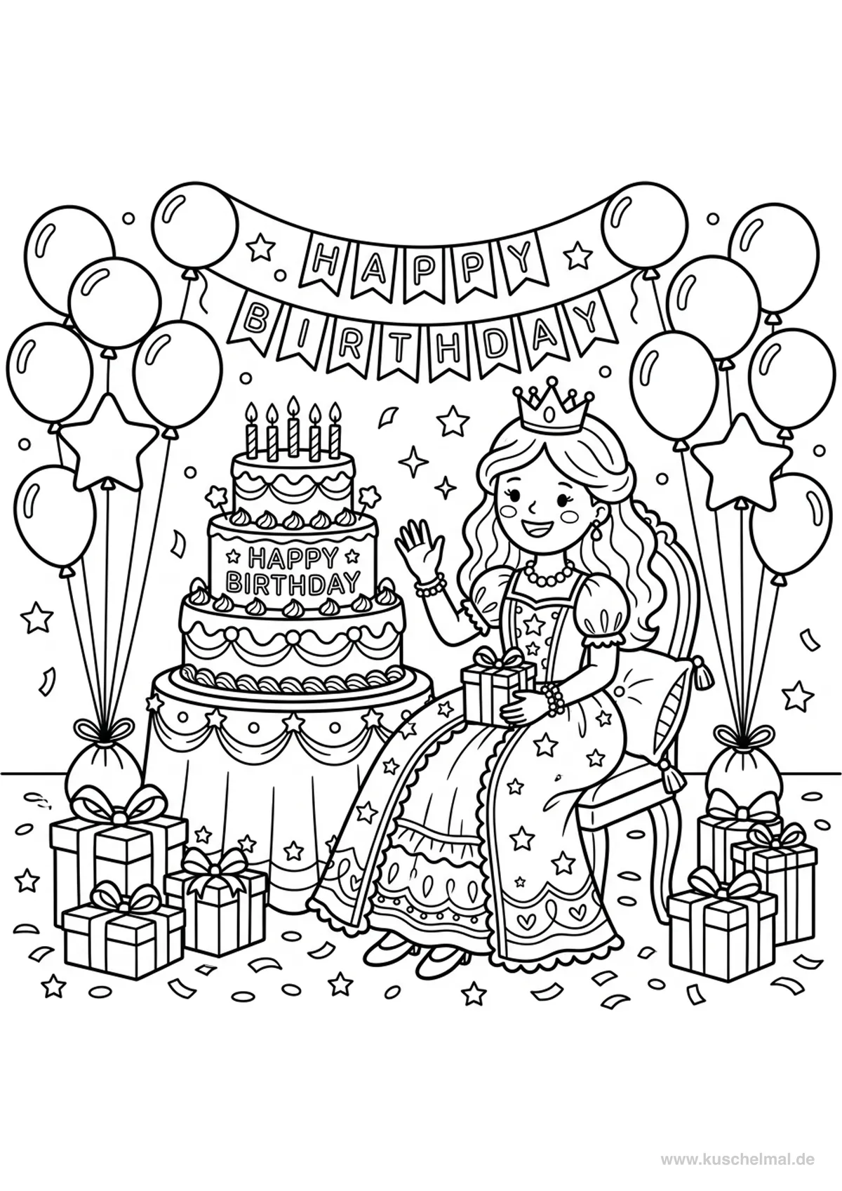Prinzessin Geburtstag - Kostenloses Prinzessin Ausmalbild für Kinder zum Ausdrucken