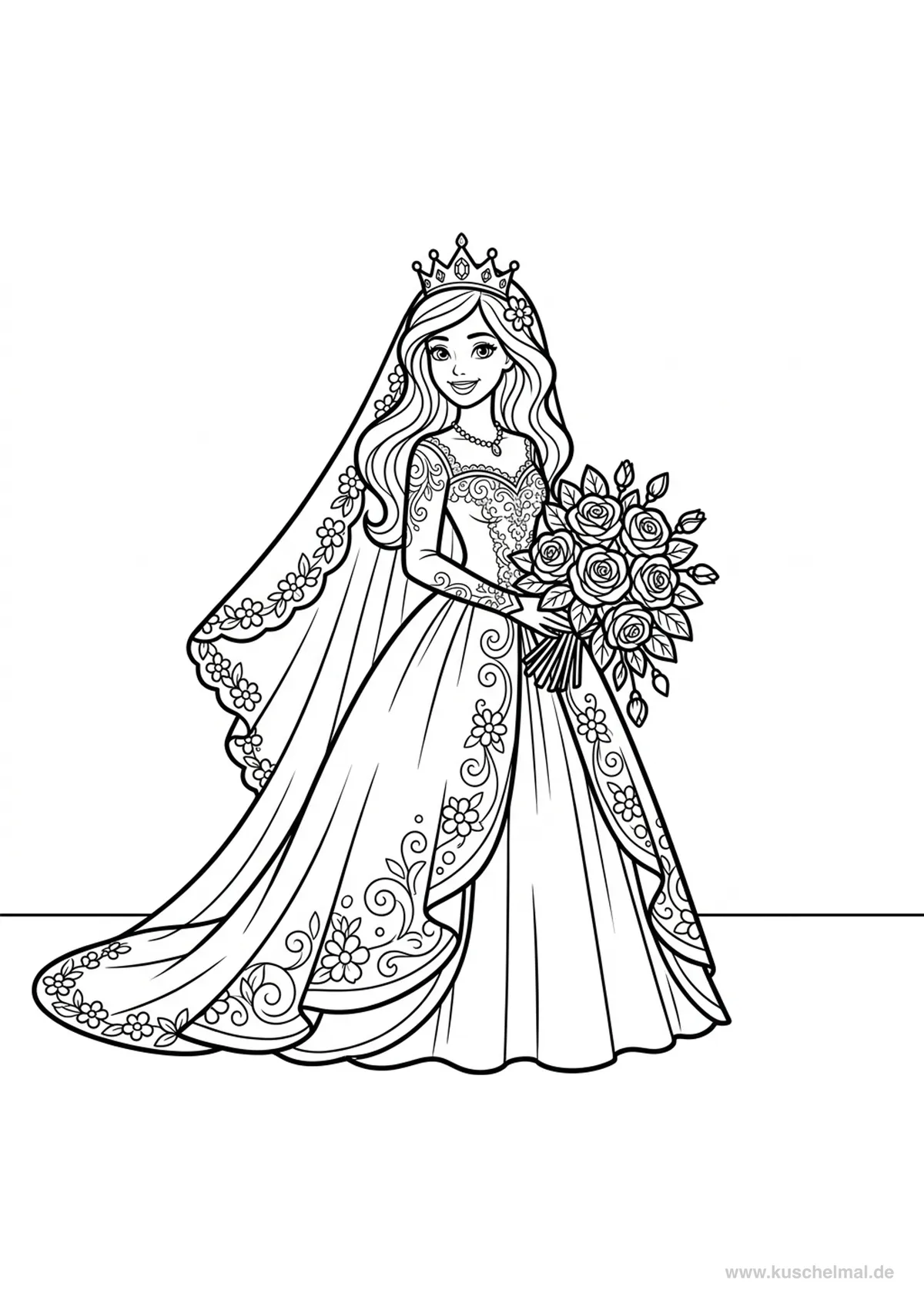 Prinzessin Hochzeit - Kostenloses Prinzessin Ausmalbild für Kinder zum Ausdrucken
