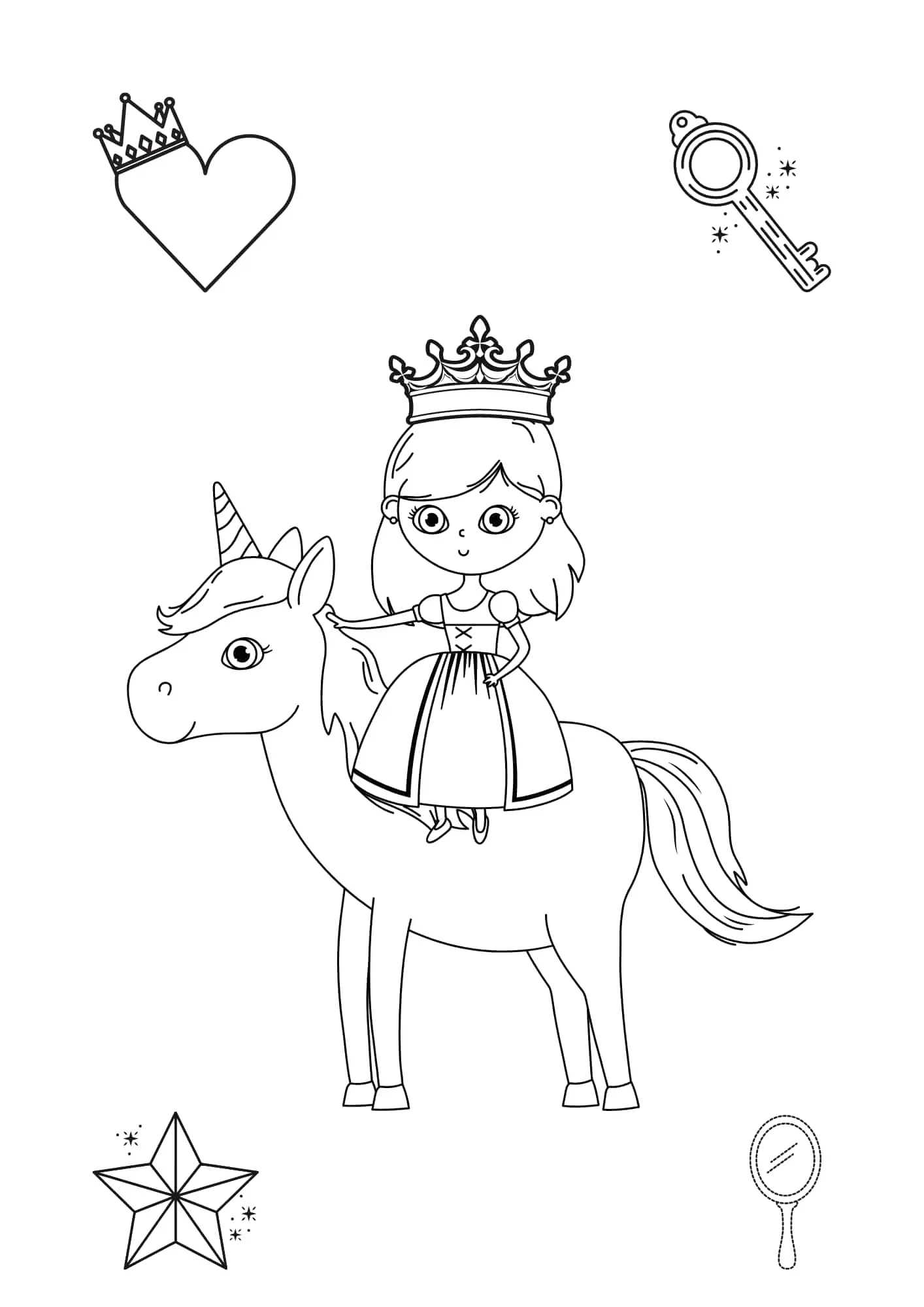Einhorn mit Prinzessin - Kostenloses Einhorn Ausmalbild für Kinder zum Ausdrucken