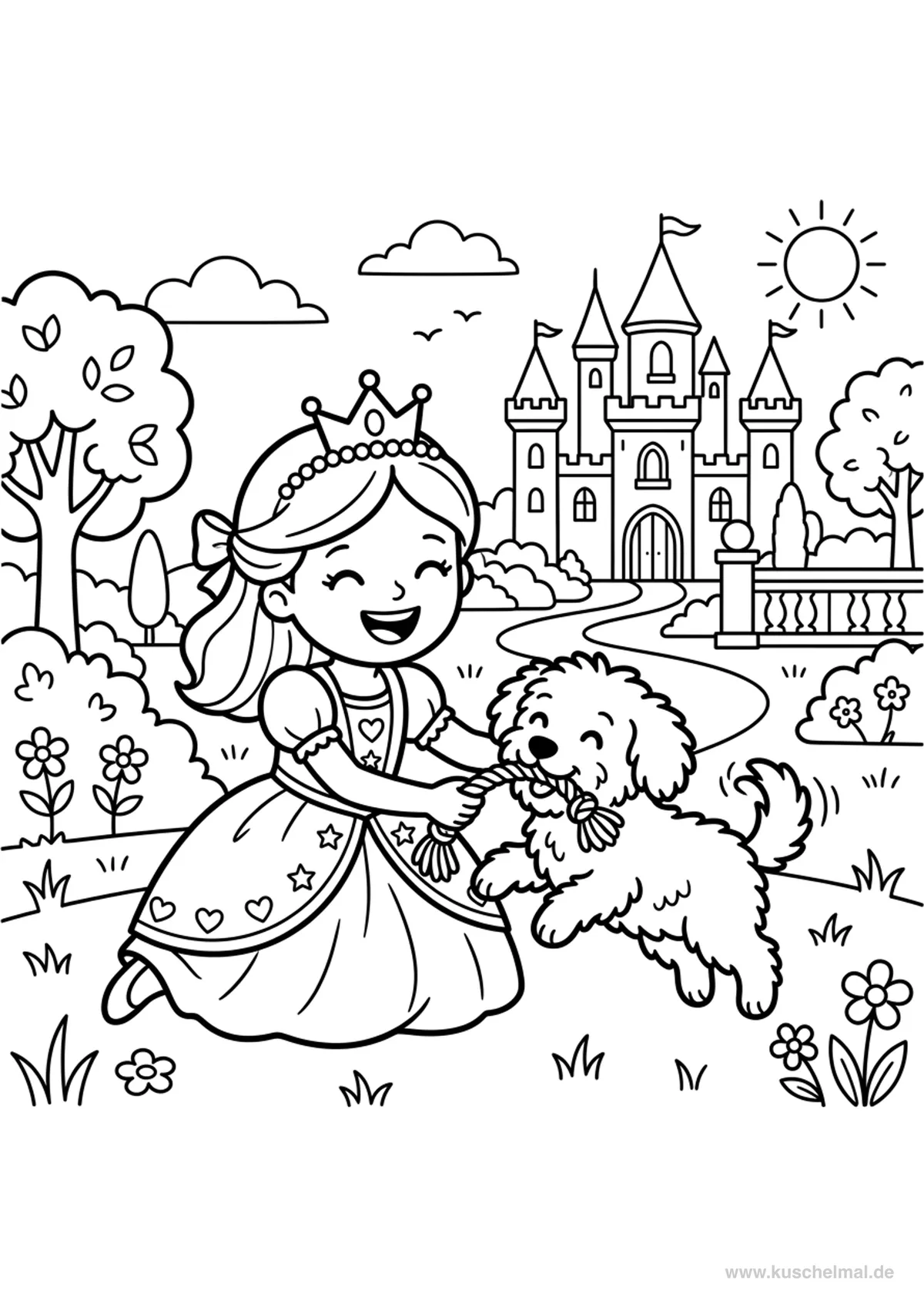 Prinzessin mit Hund - Kostenloses Prinzessin Ausmalbild für Kinder zum Ausdrucken