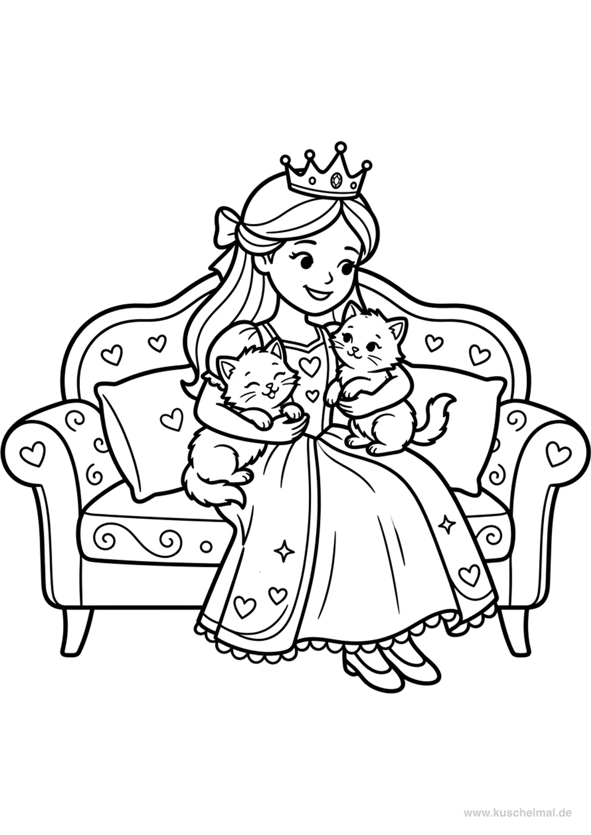 Prinzessin mit Katzen - Kostenloses Prinzessin Ausmalbild für Kinder zum Ausdrucken