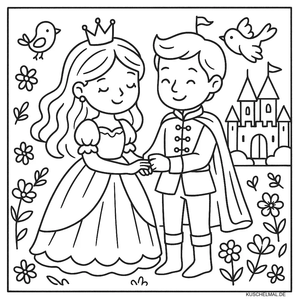 Prinzessin mit Prinz im Schlossgarten - Kostenloses Prinz Ausmalbilder Ausmalbild für Kinder zum Ausdrucken