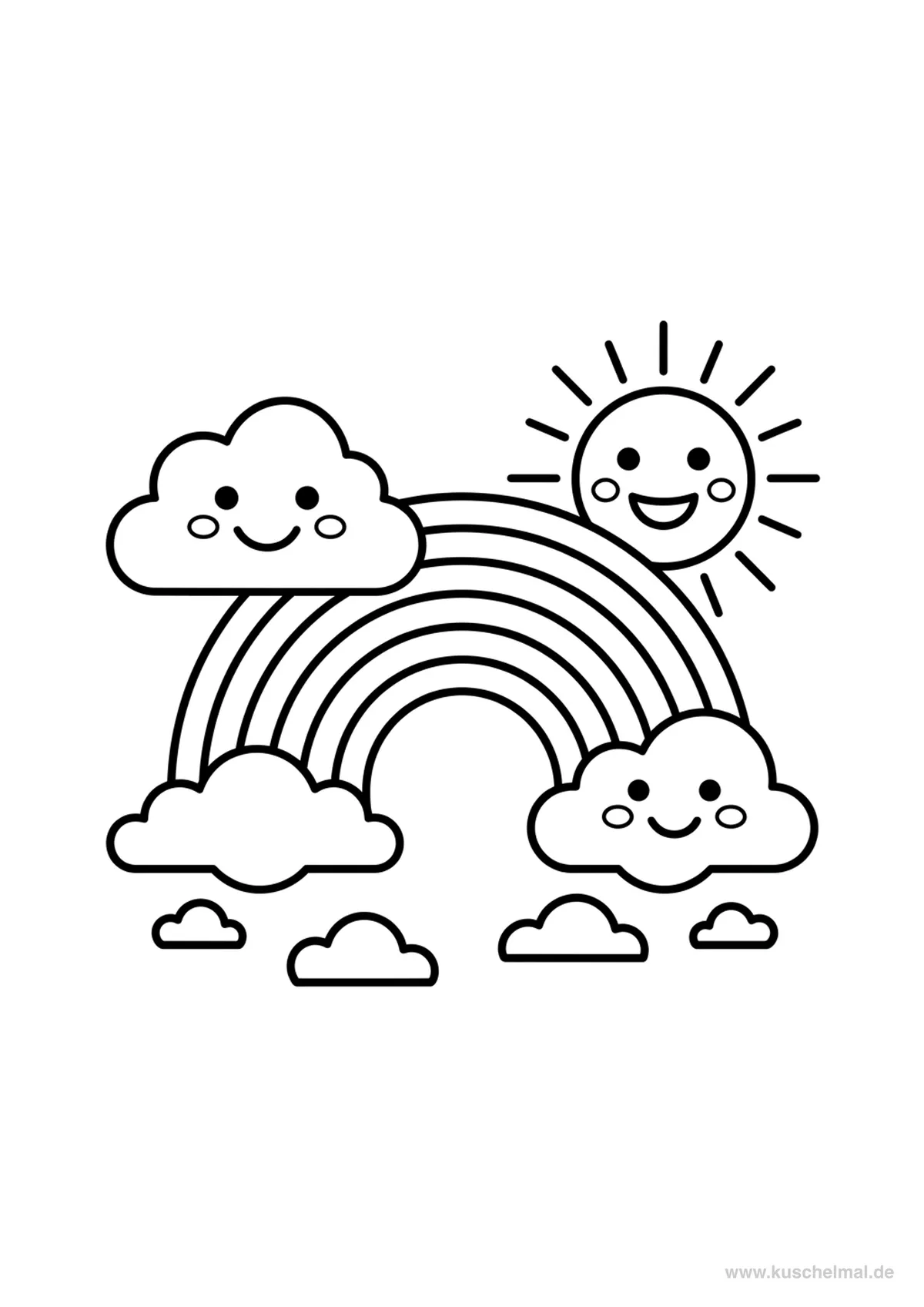Regenbogen mit Wolken und Sonne - Kostenloses Regenbogen Ausmalbild für Kinder zum Ausdrucken