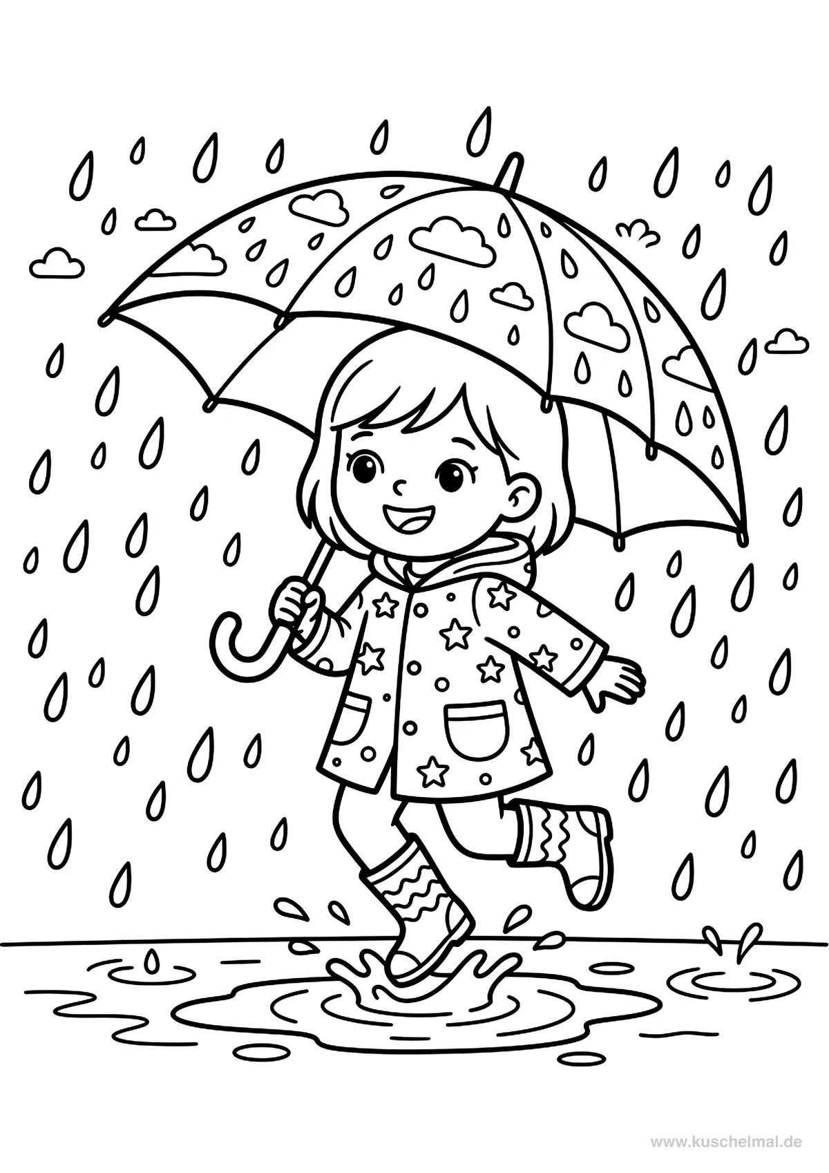 Ombrello sotto la Pioggia - Disegno di Autunno da colorare gratis per bambini da stampare