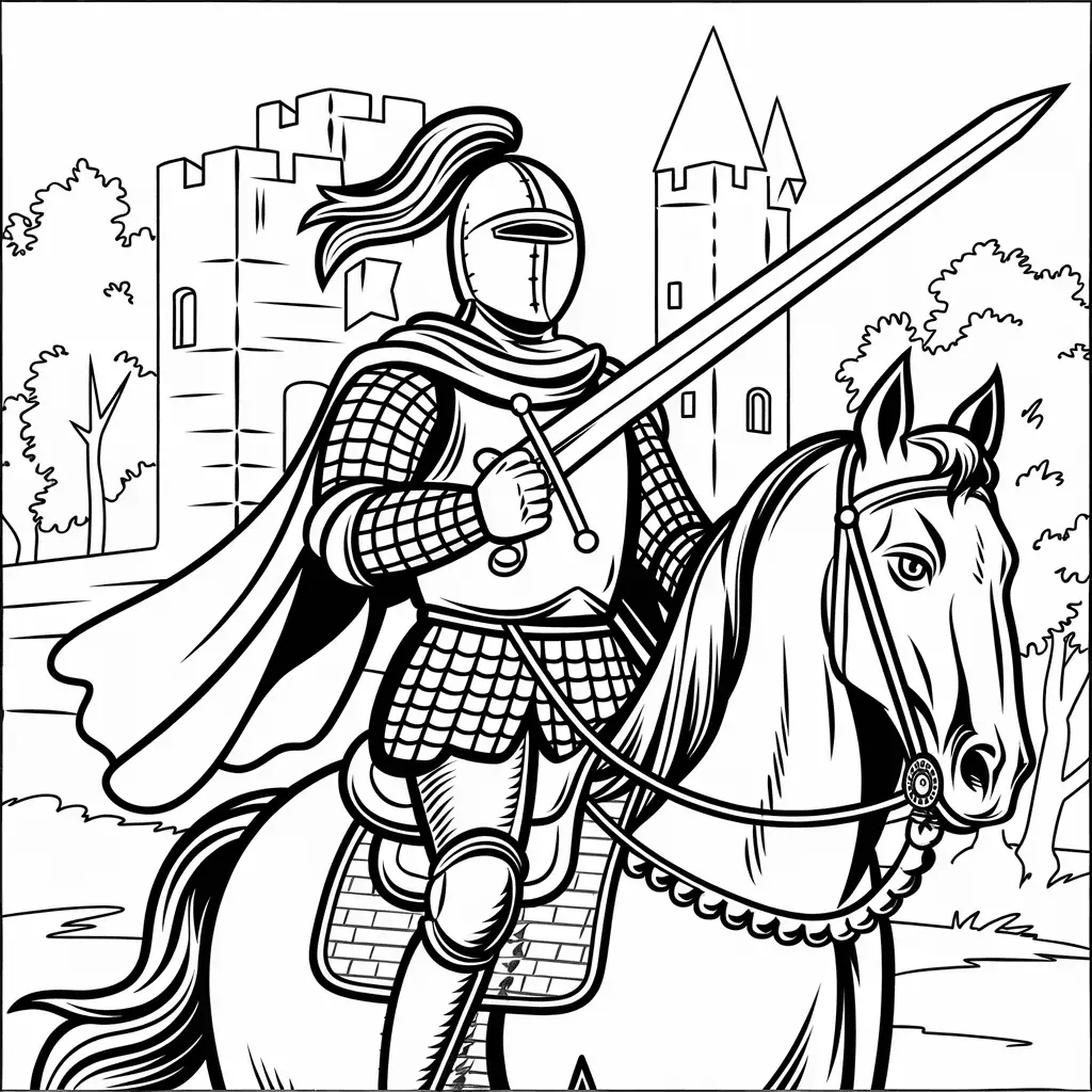 Ritter auf dem Pferd Ausmalbild - Kostenloses Ritter Ausmalbild für Kinder zum Ausdrucken