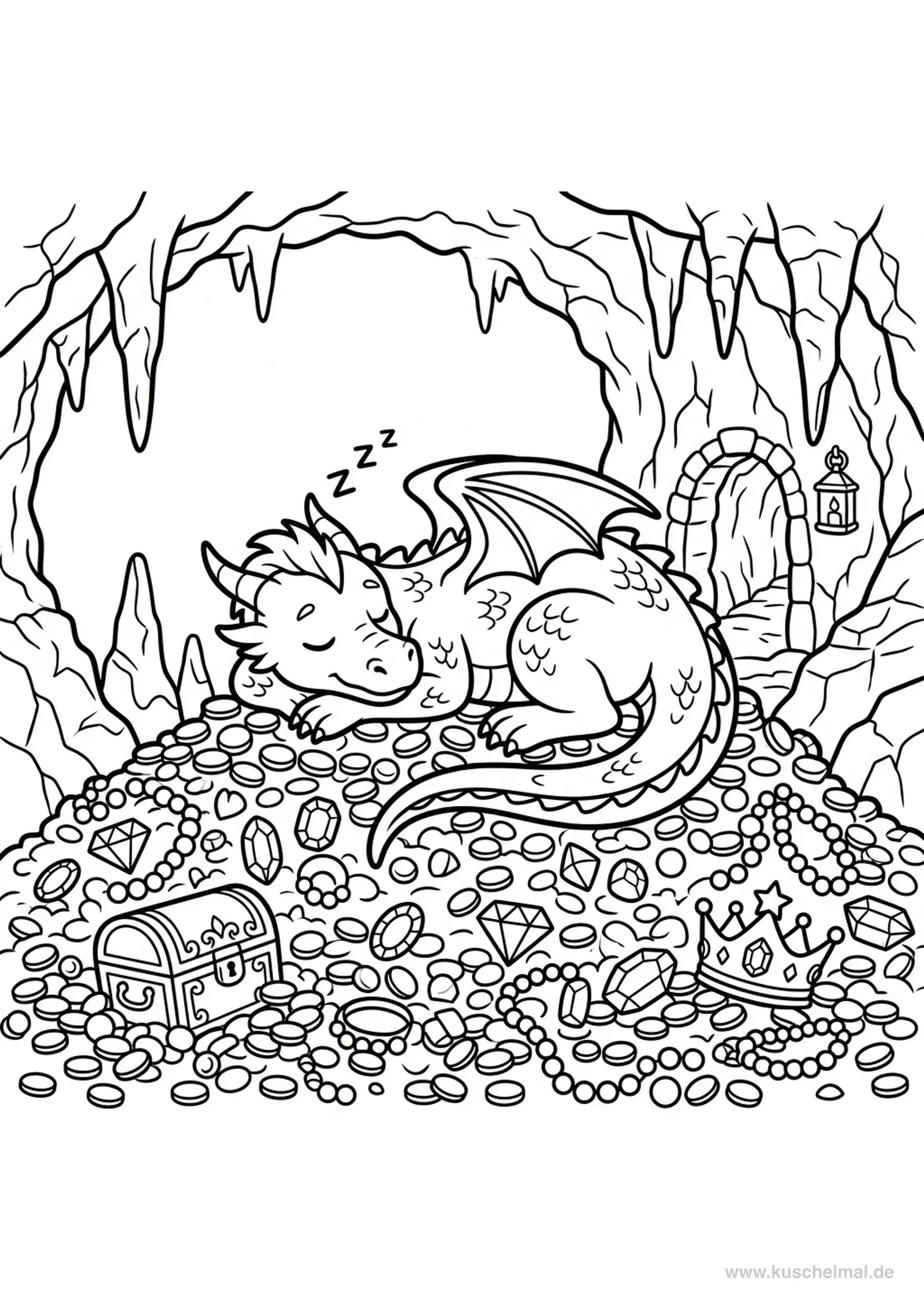 Schlafender Drache auf Goldschatz Ausmalbild - Kostenloses Drachen Ausmalbild für Kinder zum Ausdrucken