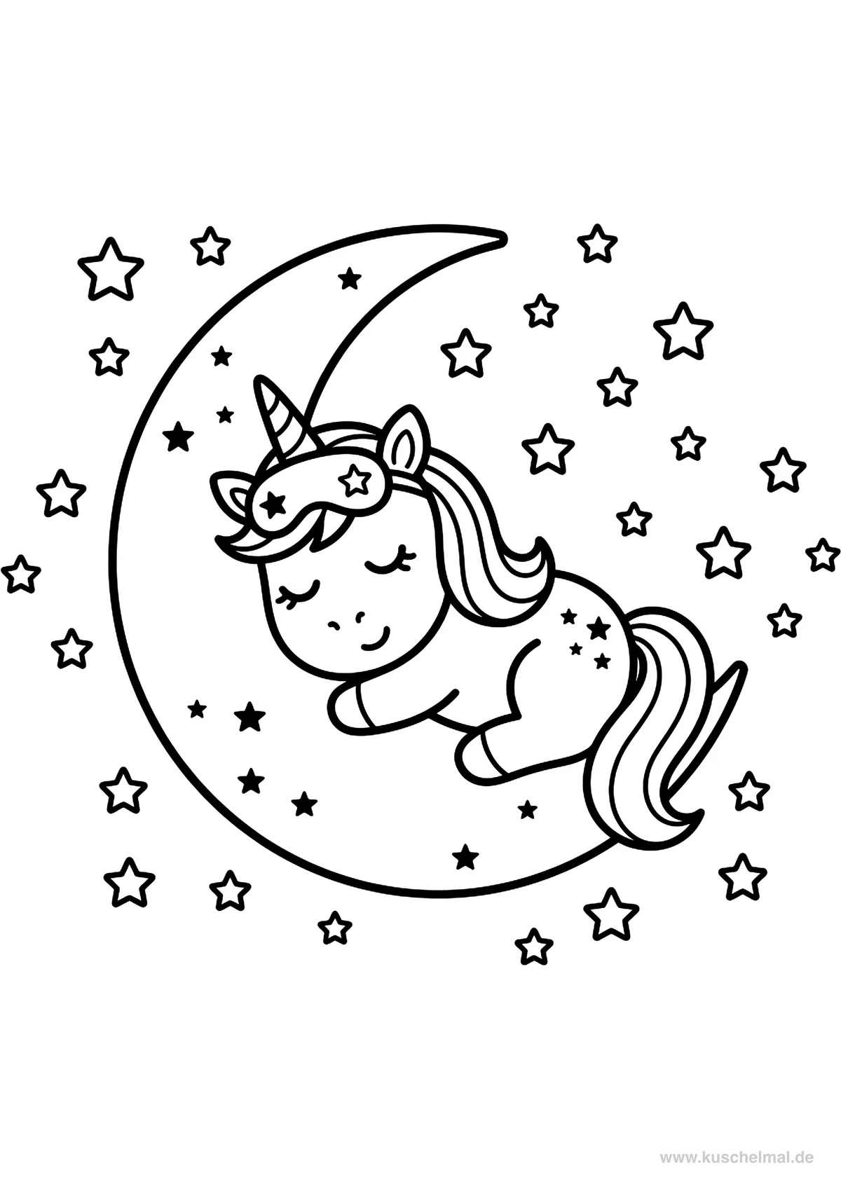 Unicorno che Dorme sulla Luna - Disegno di Unicorno da colorare gratis per bambini da stampare