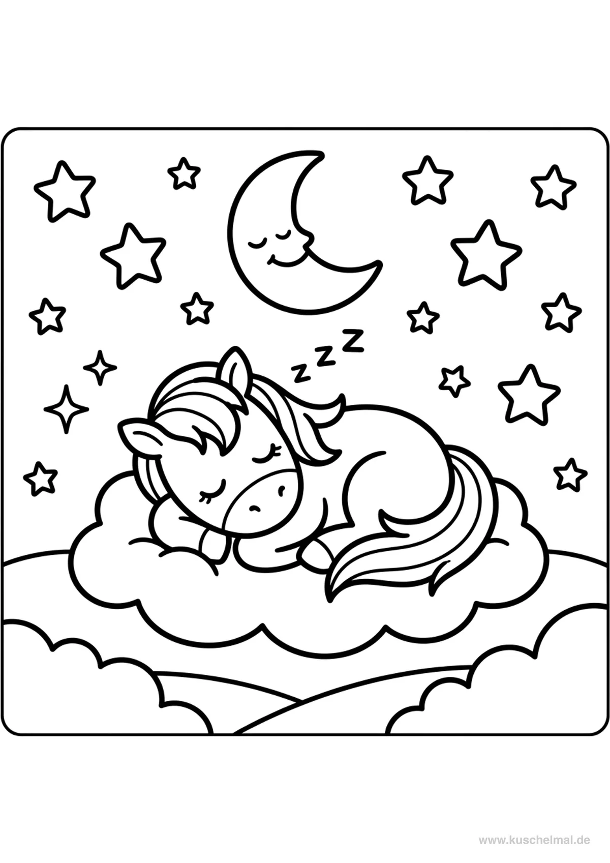 Pony Dormiente sotto le Stelle - Disegno di Pony da colorare gratis per bambini da stampare
