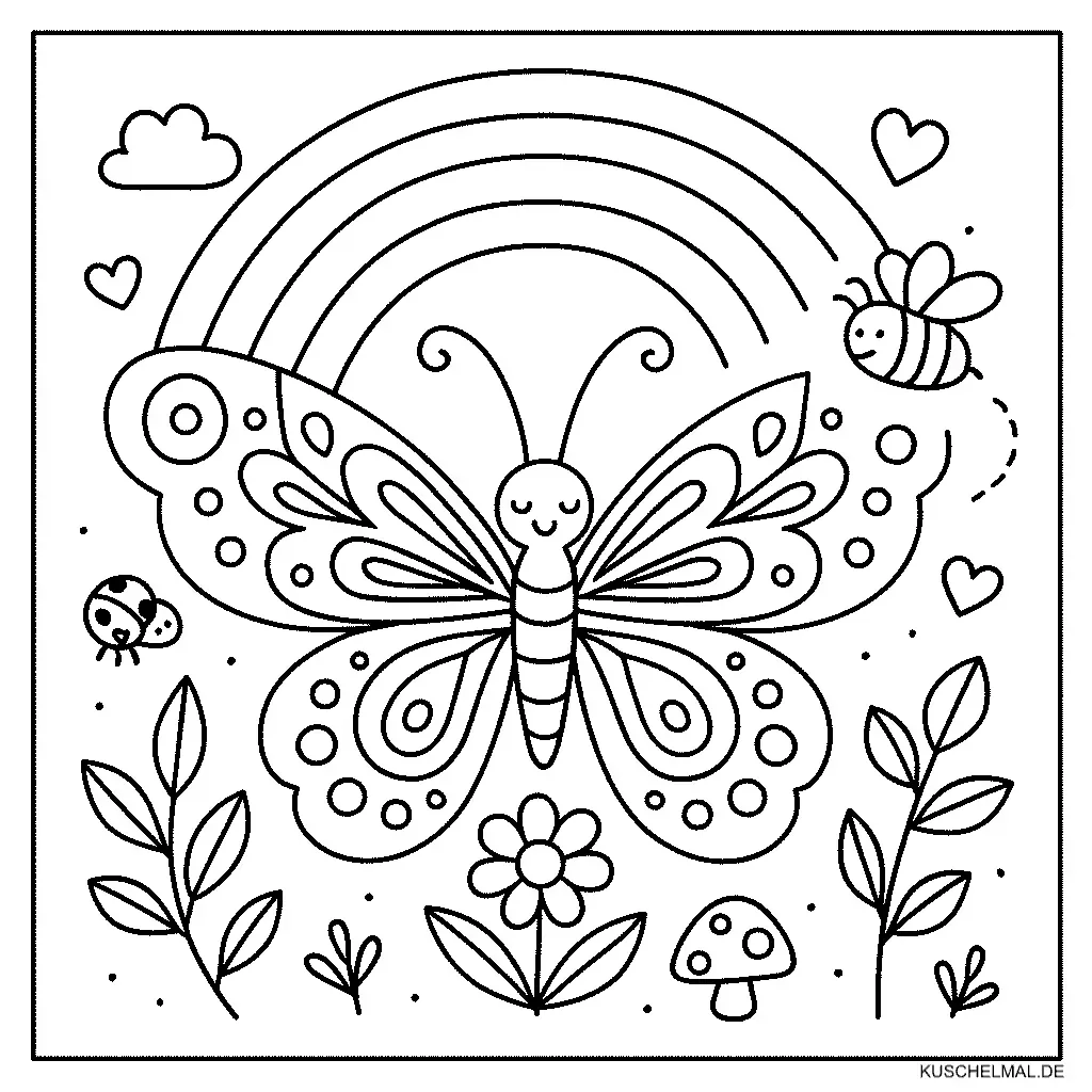 Schmetterling mit Regenbogen - Kostenloses Schmetterlinge Ausmalbild für Kinder zum Ausdrucken