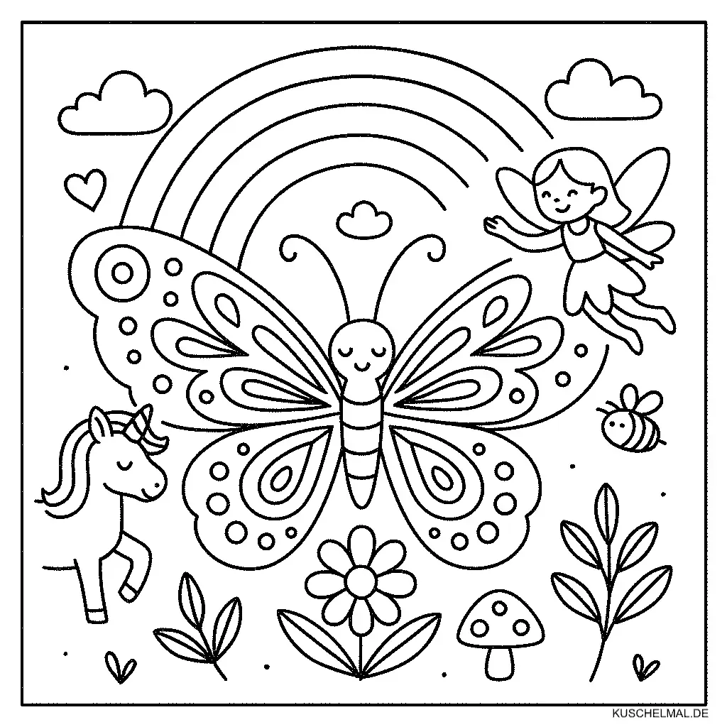 Schmetterling mit Fee & Einhorn - Kostenloses Schmetterlinge Ausmalbild für Kinder zum Ausdrucken