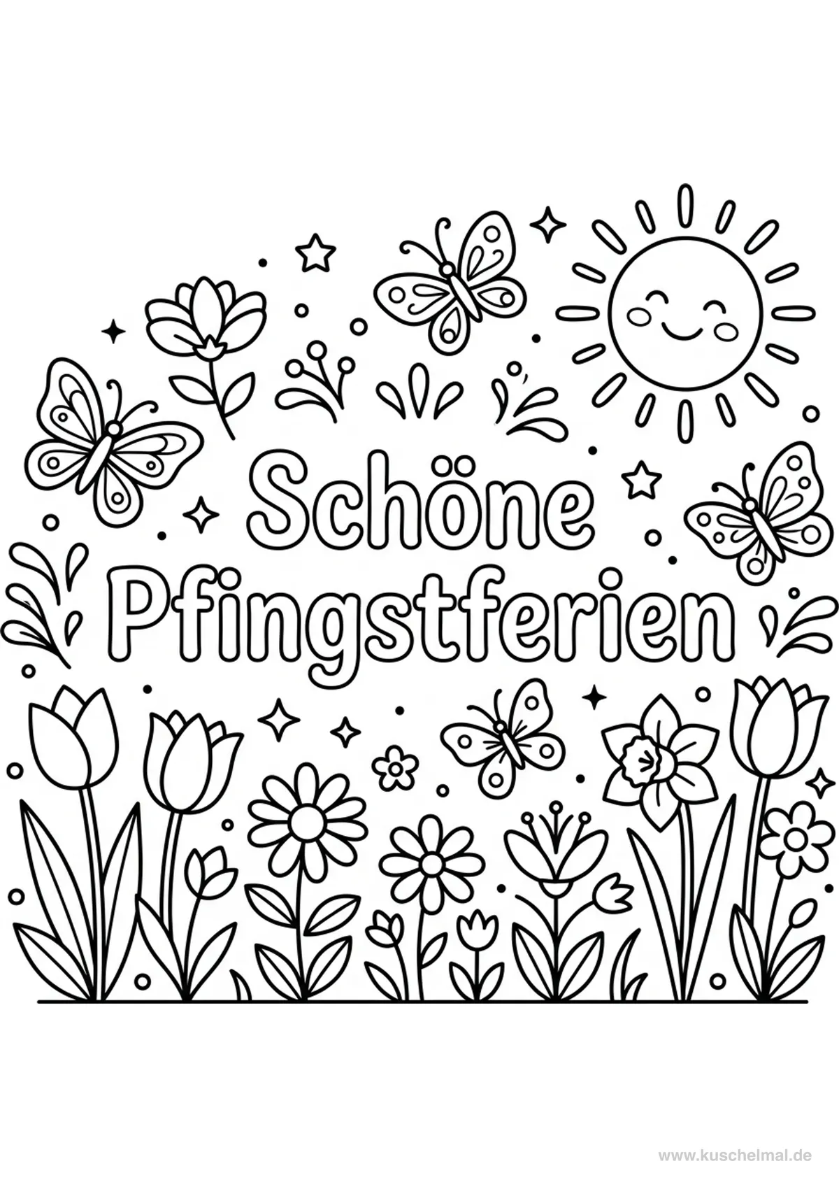 Schöne Pfingstferien Ausmalbild mit Blumen - Kostenloses Pfingsten Ausmalbild für Kinder zum Ausdrucken