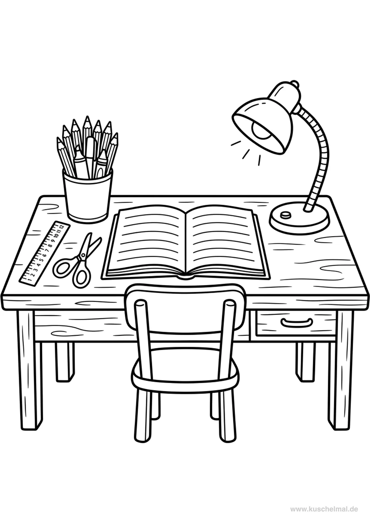 Scrivania con Materiale Scolastico - Disegno di Inizio Scuola da colorare gratis per bambini da stampare