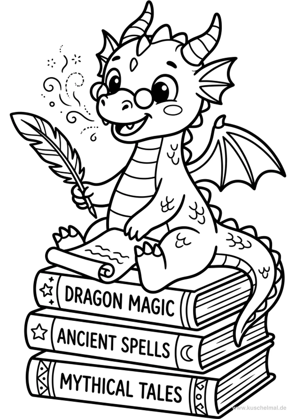 Schul-Drache mit Zauberbüchern - Kostenloses Fantasy und Mythologie Ausmalbild für Kinder zum Ausdrucken