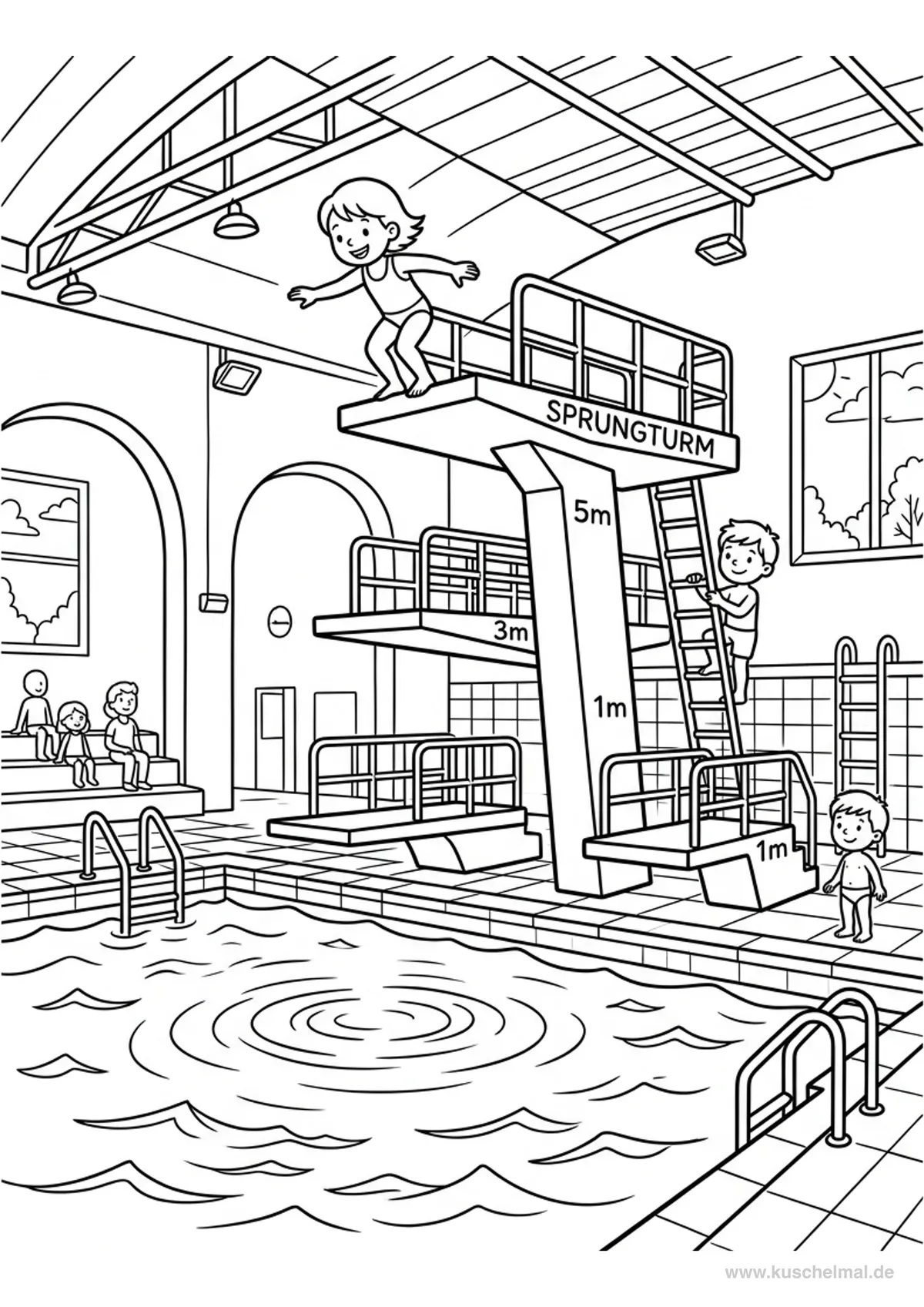Torre dei Tuffi in Piscina - Disegno di Estate da colorare gratis per bambini da stampare