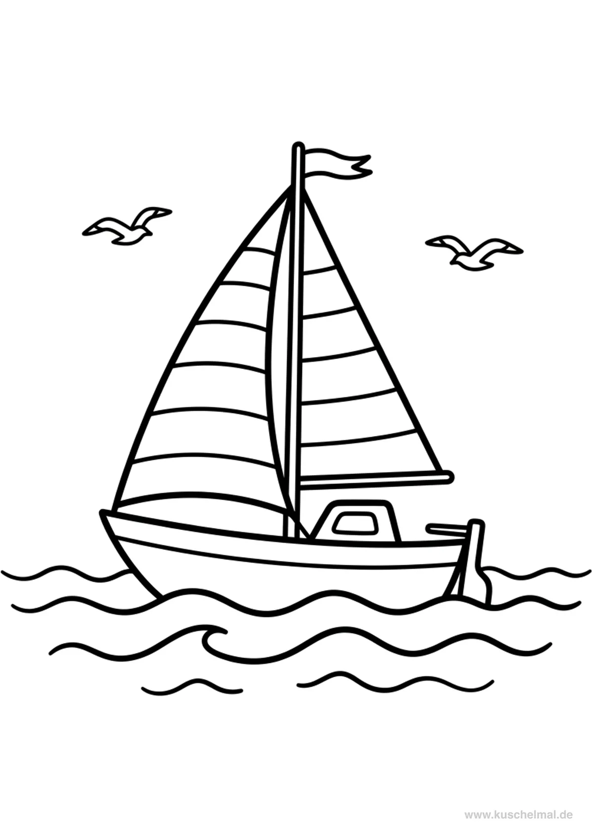 Segelboot auf den Wellen - Kostenloses Sommer Ausmalbild für Kinder zum Ausdrucken und Ausmalen