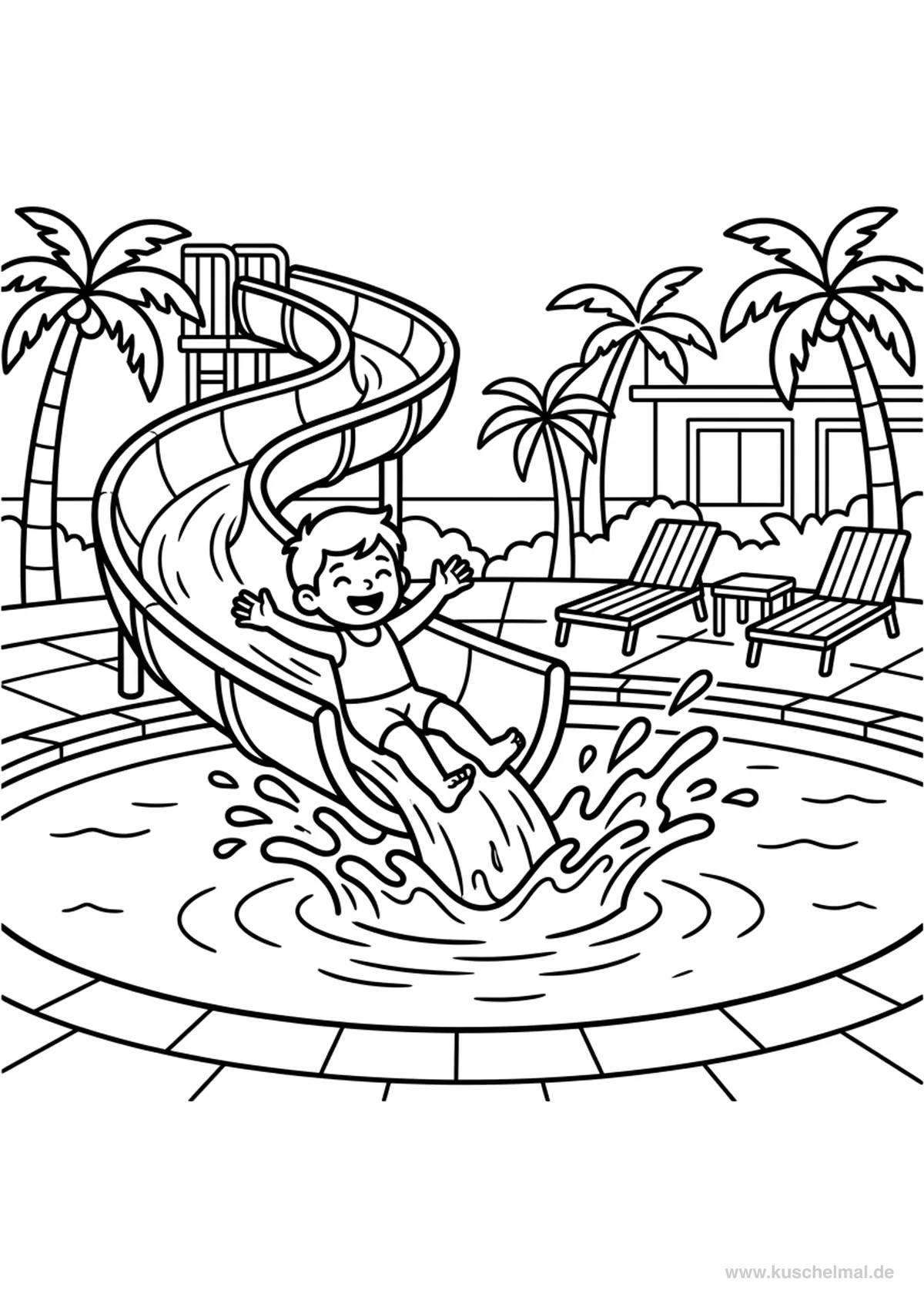 Divertimento in Piscina nell'Hotel per Bambini - Disegno di Vacanze da colorare gratis per bambini da stampare