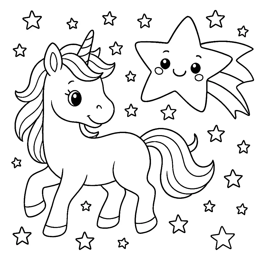 Sternschnuppe mit Einhorn Ausmalbild - Kostenloses Weihnachten Ausmalbild für Kinder zum Ausdrucken