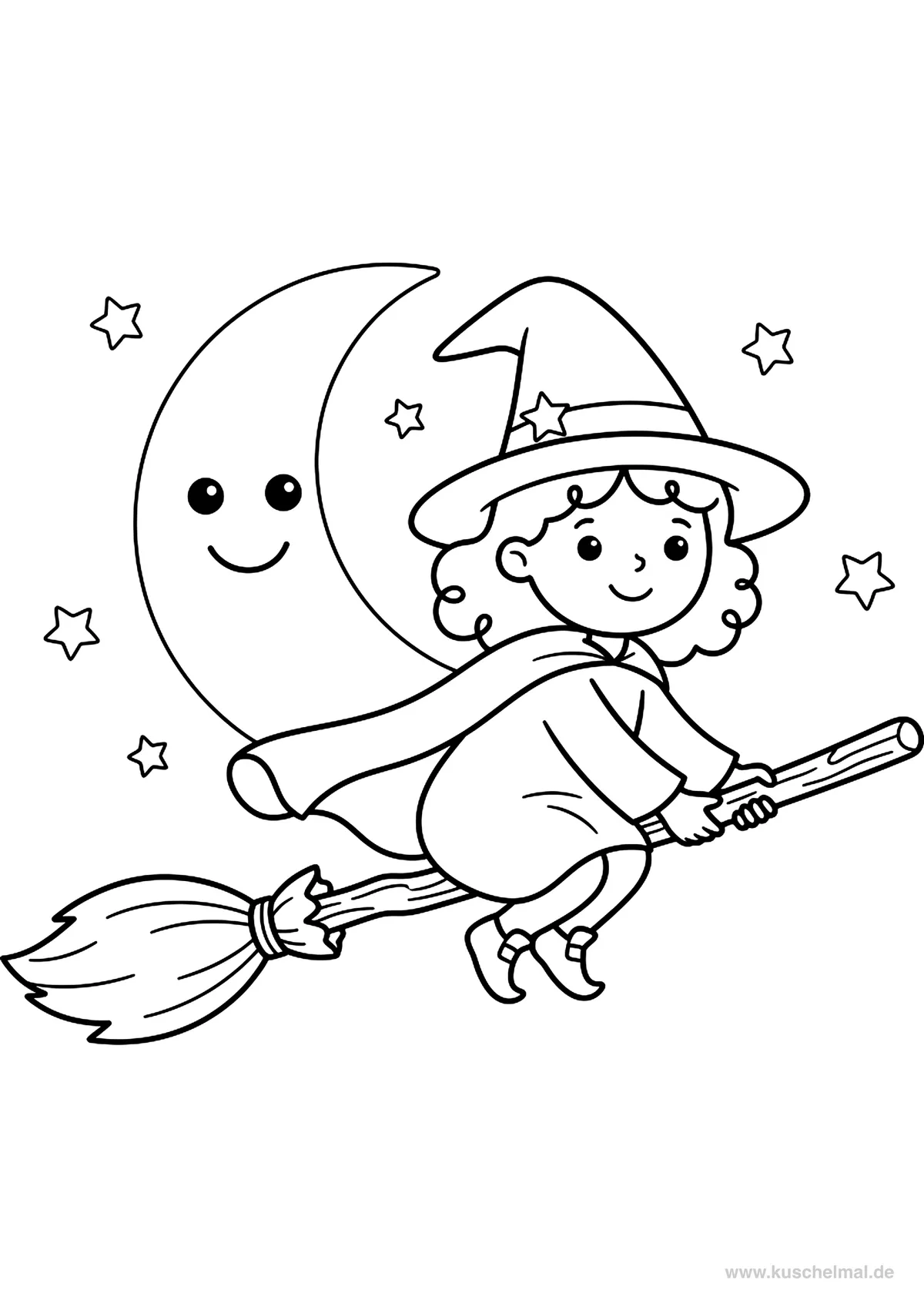 Strega Volante - Disegno di Halloween da colorare gratis per bambini da stampare